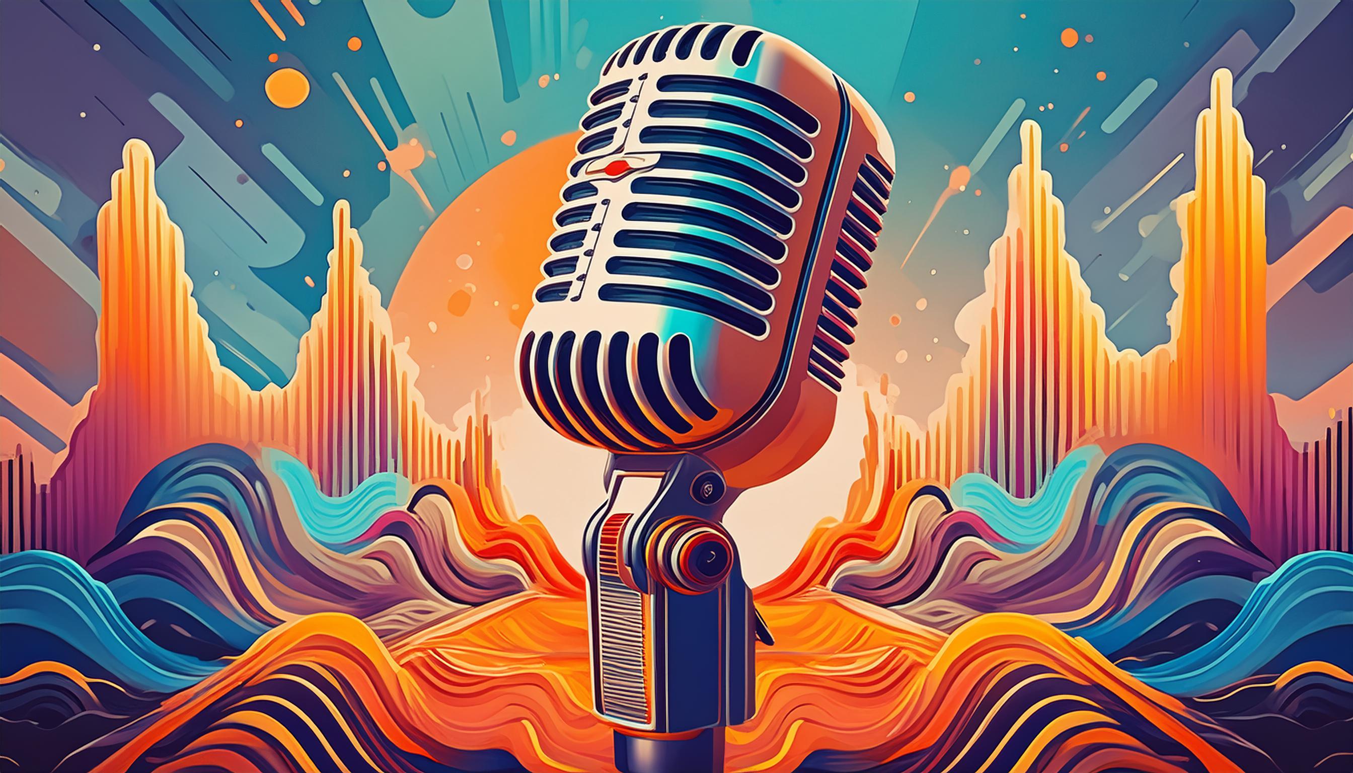 Ein großes Mikrofon im Vordergrund mit abstrakten, bunten Wellenformen im Hintergrund symbolisiert die Arbeit eines Sprechers oder die Aufnahme von Voiceovers.