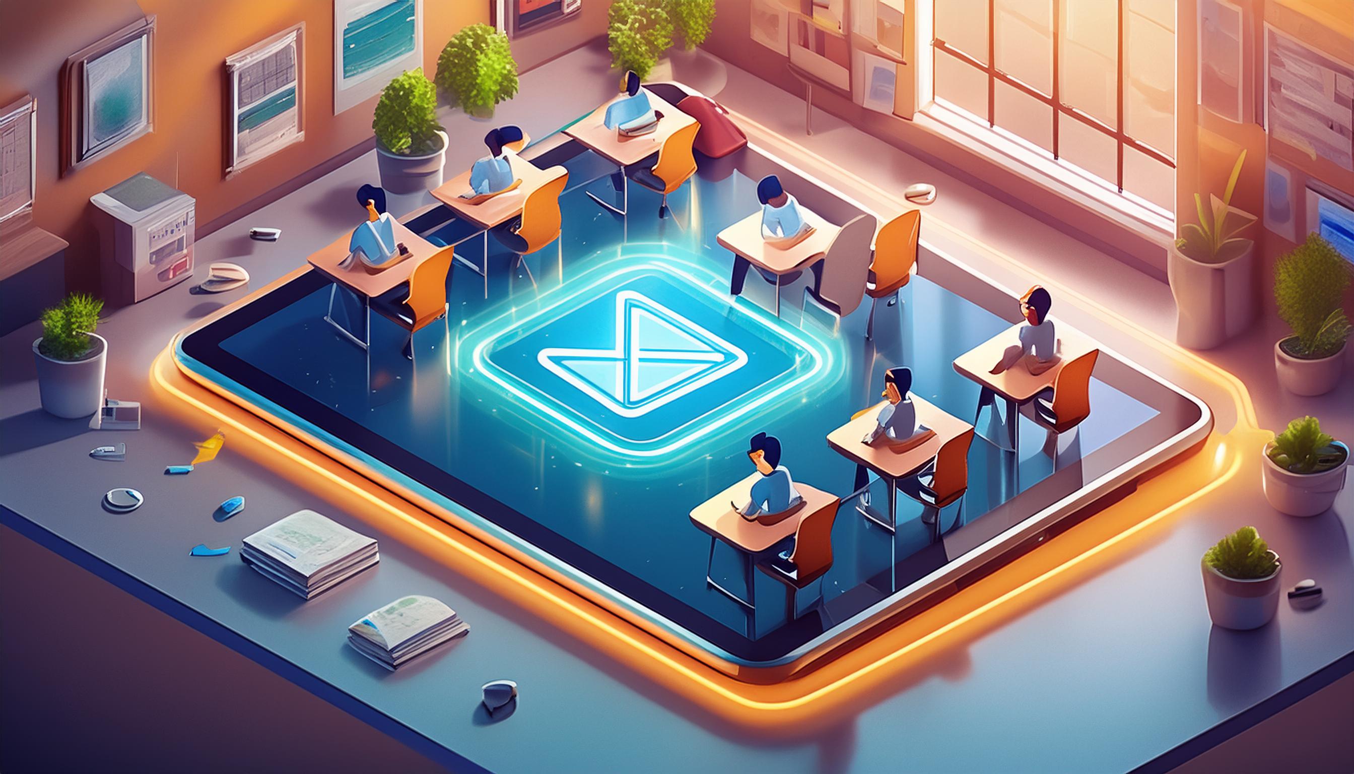 Ein Klassenzimmer, in dem Schüler auf einem großen Tablet sitzen, das ein Play-Symbol zeigt. Dies veranschaulicht die Einführung in die Vorteile von Erklärvideos im Bildungsbereich.