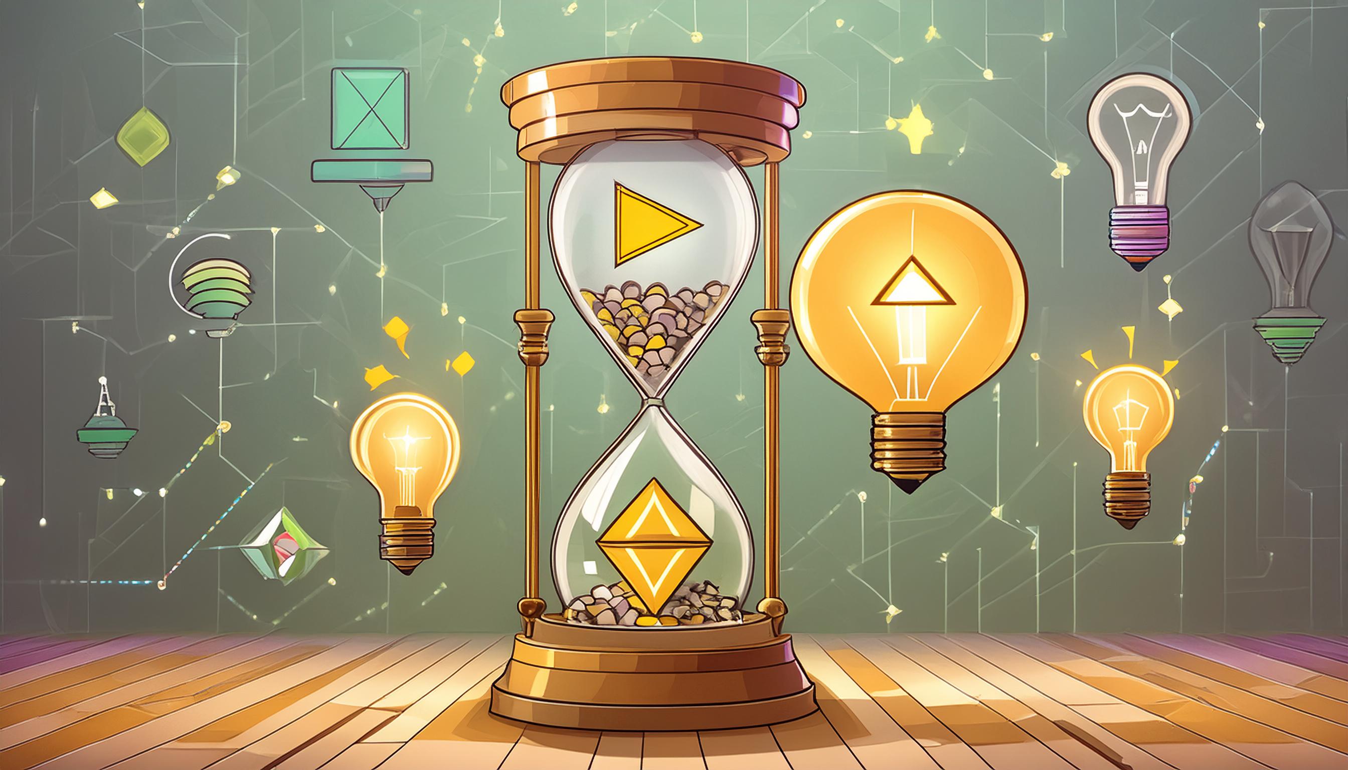 Eine Sanduhr mit einem Play-Symbol in der Mitte, umgeben von leuchtenden Glühbirnen. Dies symbolisiert die Zeitersparnis für Lehrer durch den Einsatz von Erklärvideos.
