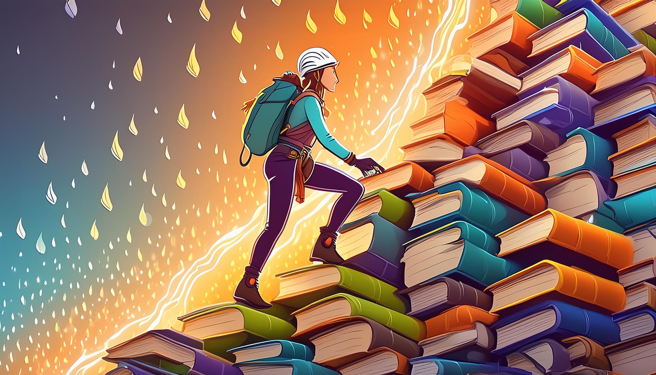 Eine Person, die eine Bergsteigerin darstellt, klettert auf einem Stapel Bücher, die einen Berg bilden. Dies verdeutlicht den Nutzen von Erklärvideos, um selbstständiges Lernen zu fördern.