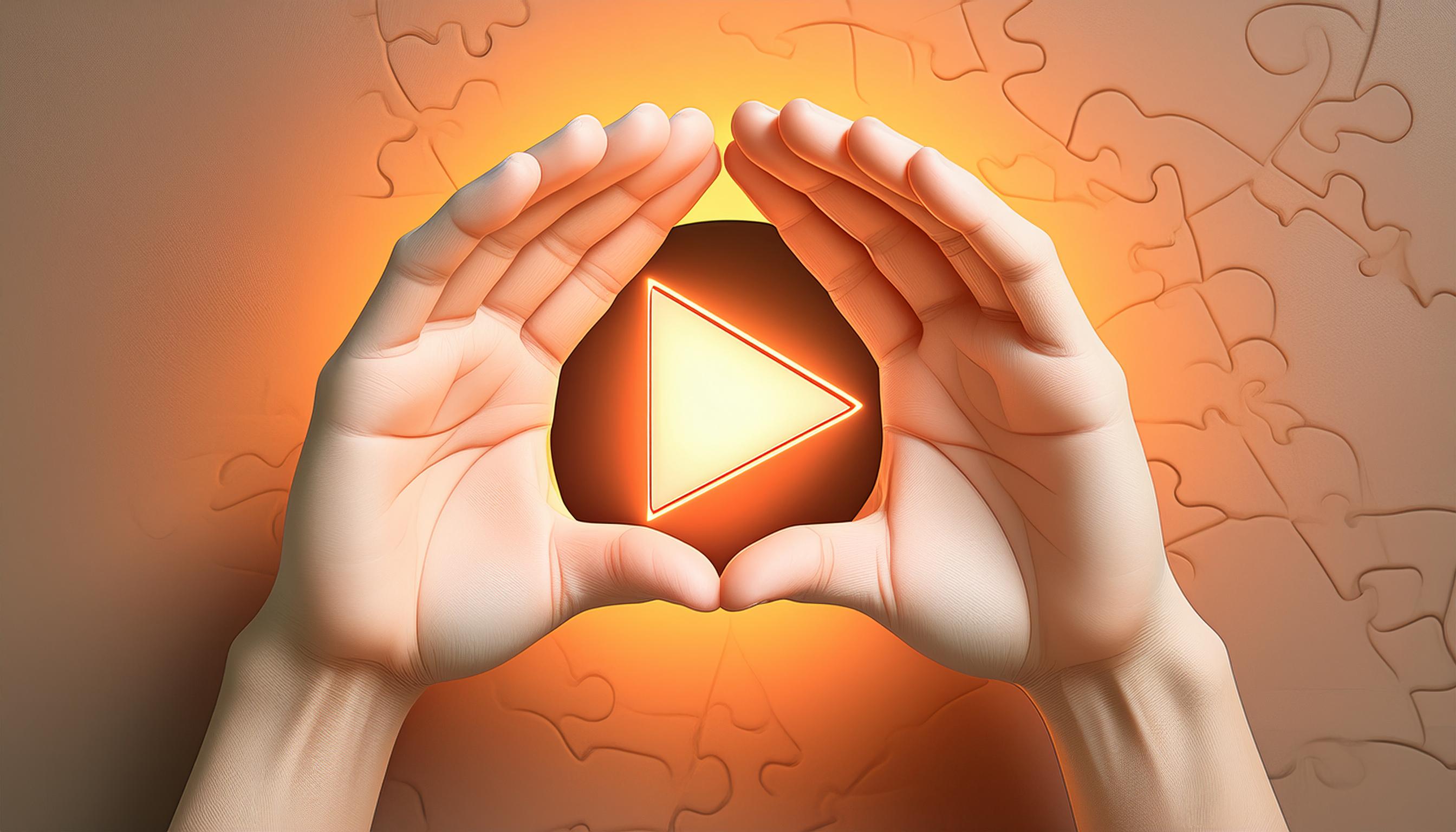Zwei Hände formen ein Dreieck um ein leuchtendes Play-Symbol, das vor einem Puzzle-Hintergrund schwebt. Dies steht für die unterstützende Rolle von Erklärvideos beim Lernen.