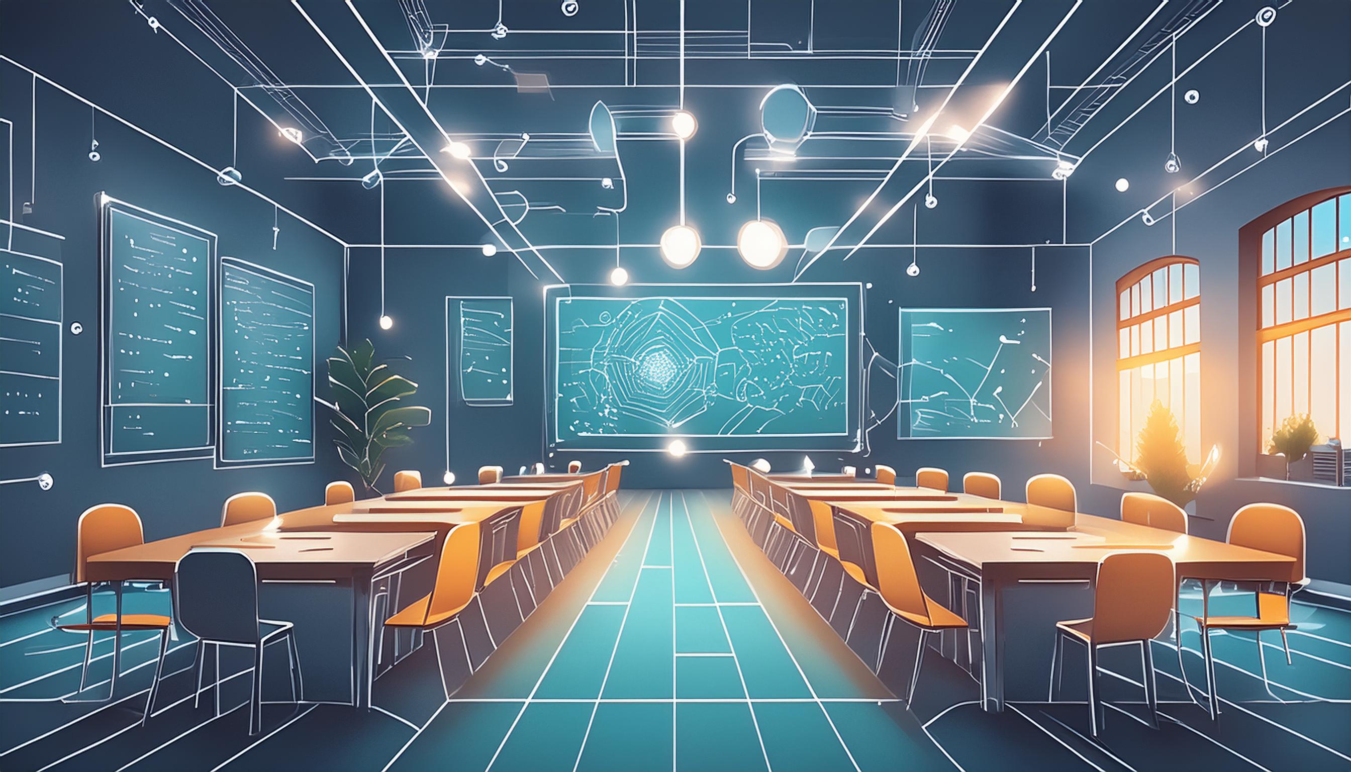 Ein modernes Klassenzimmer mit Tischen und Stühlen, die auf einen großen Bildschirm und mehrere Whiteboards ausgerichtet sind. Der Raum ist dunkel und wird von verschiedenen Lichtquellen beleuchtet, die ein futuristisches Ambiente schaffen. Dies symbolisiert den Einsatz von Erklärvideos als Werkzeug für die Flipped Classroom Methode.