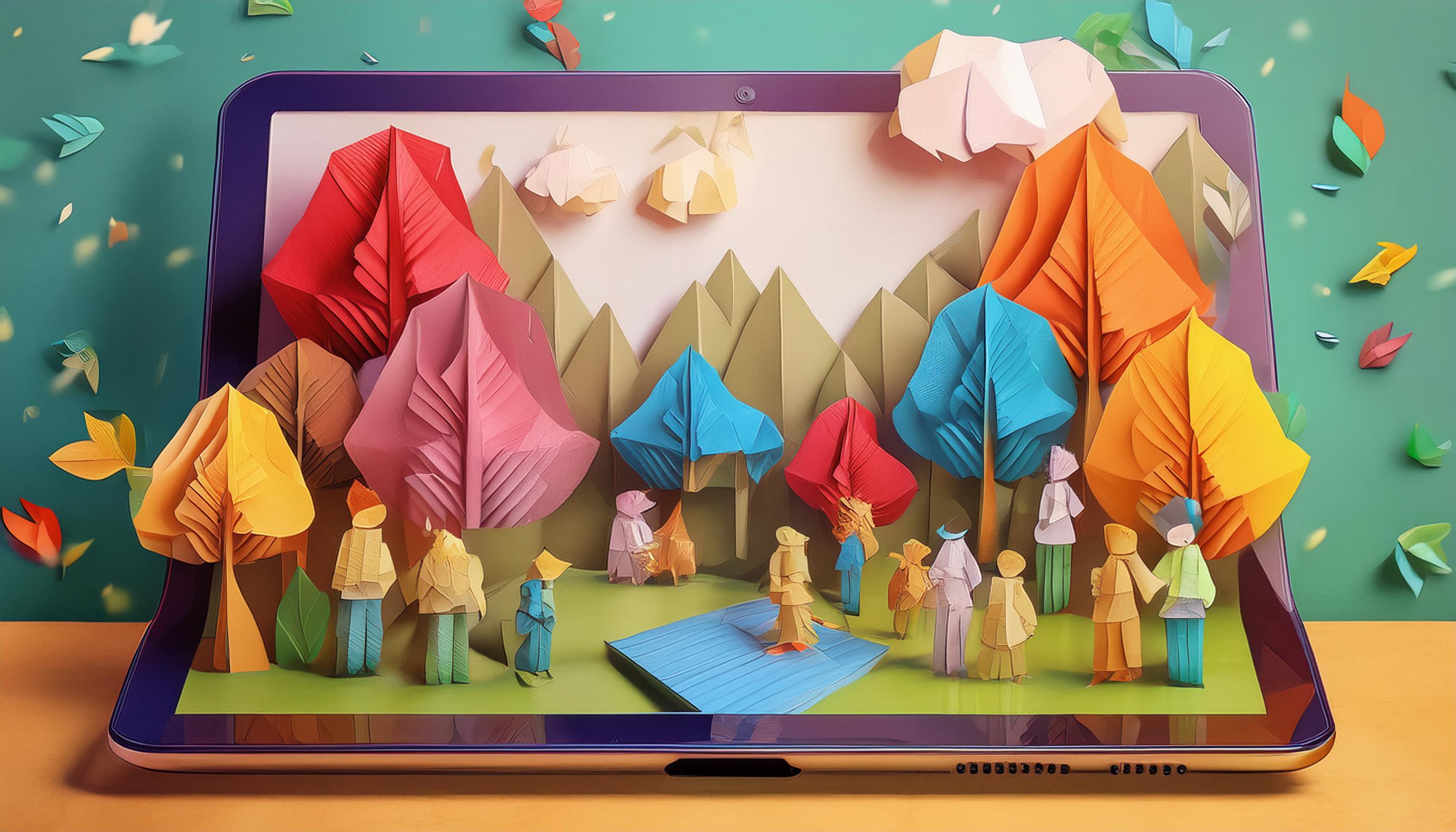 Junge Person, die ein Tablet benutzt, umgeben von schwebenden geometrischen Formen, symbolisiert 2D-Animation und digitale Interaktivität.
