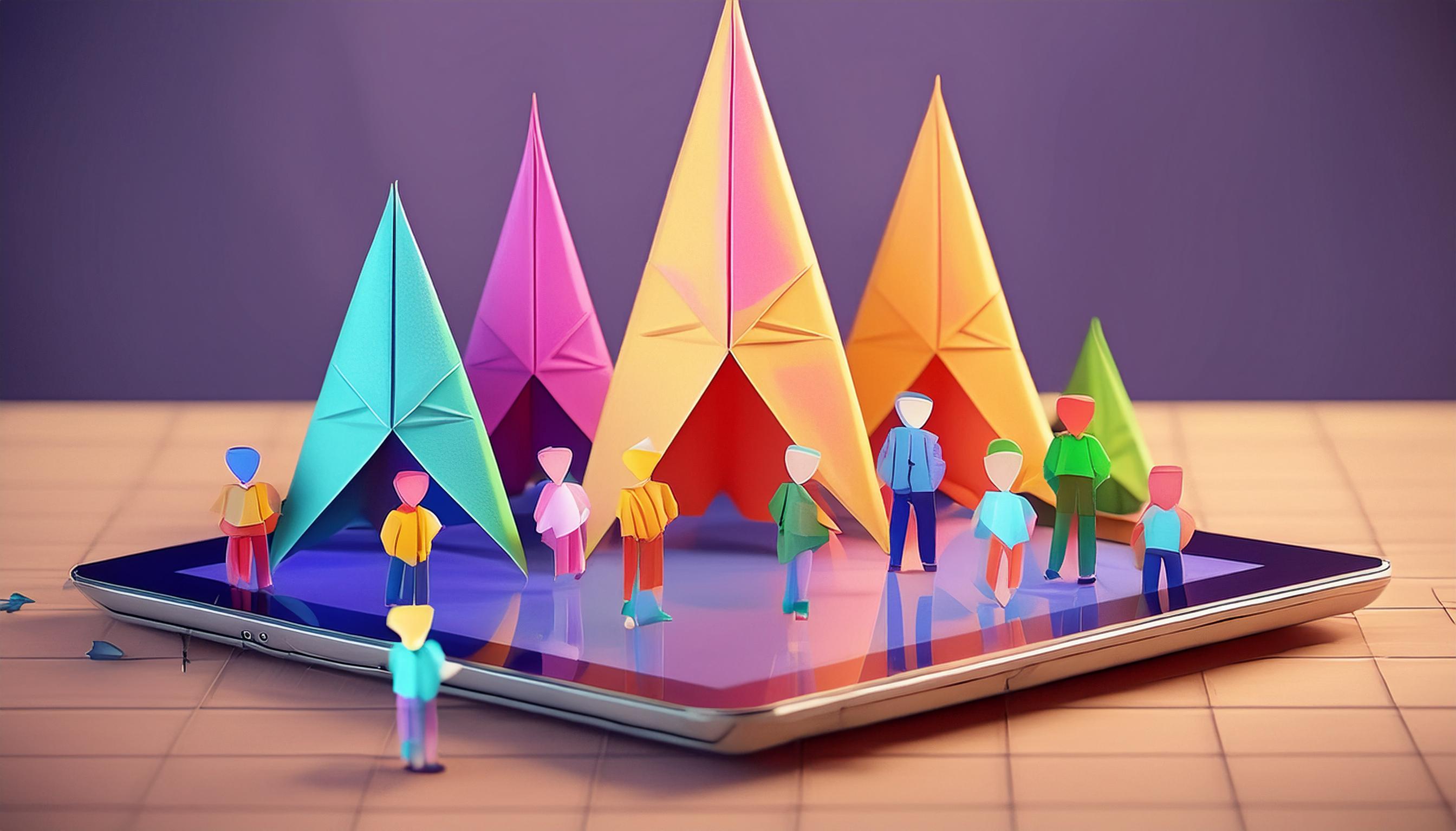 Bunte 3D-Berge und geometrische Formen, die auf einem digitalen Display dargestellt werden, repräsentieren moderne 3D-Animationstechniken.