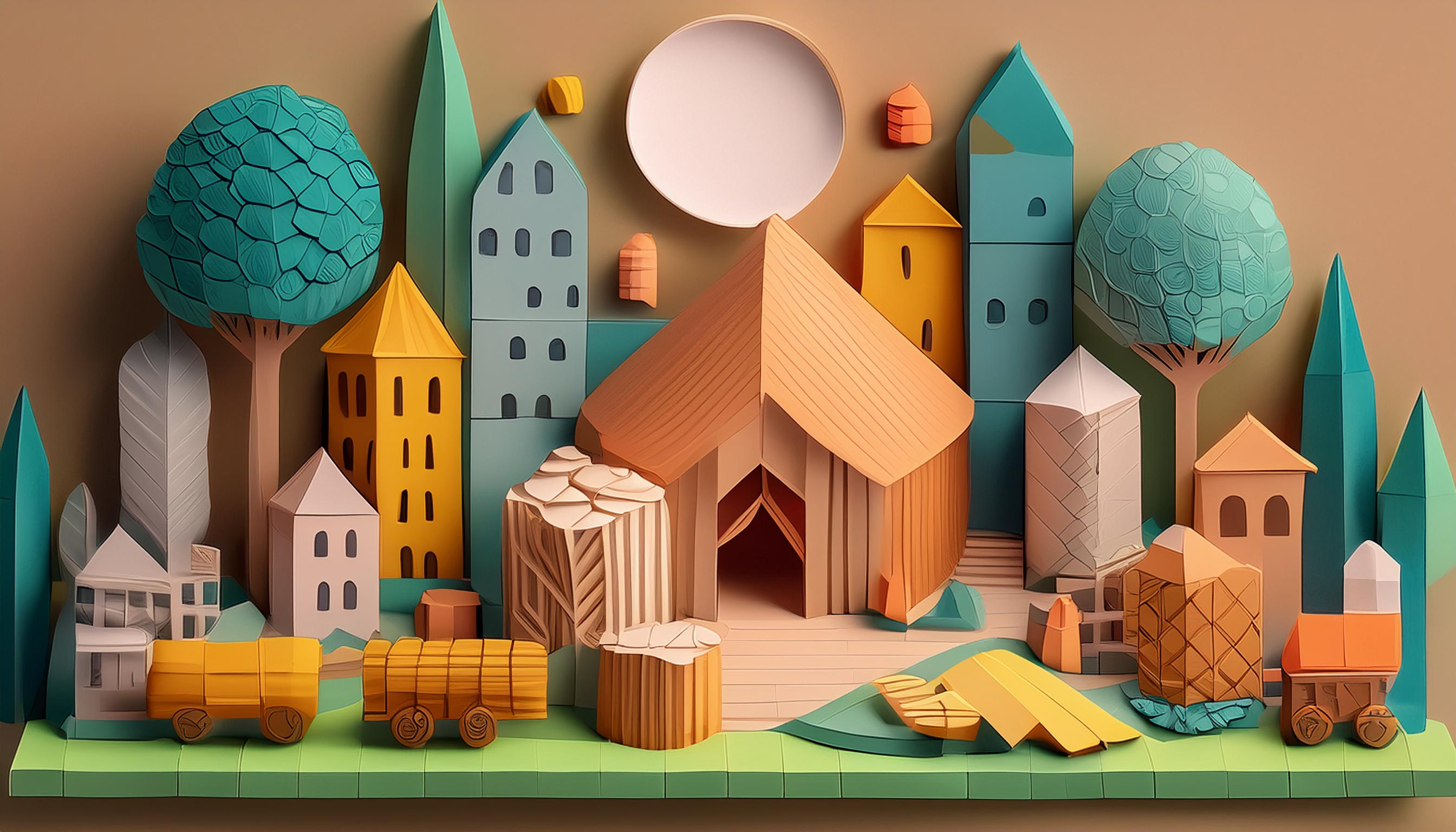 Papierfiguren auf einem Tablet, die eine Stop-Motion-Szene darstellen, mit bunten, geometrischen Strukturen im Hintergrund.