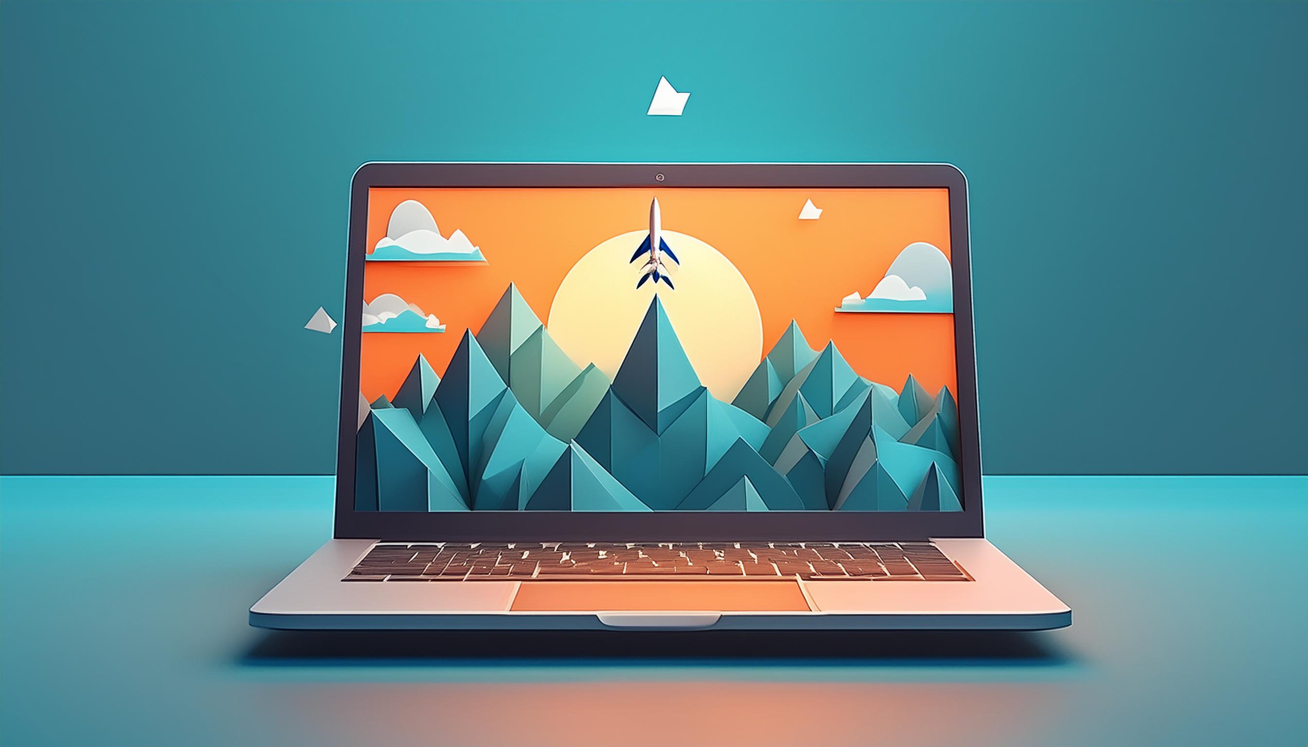 Laptop-Bildschirm mit einer Rakete, die über geometrische Berge fliegt, symbolisiert Screencast-Animation und digitale Präsentationen.