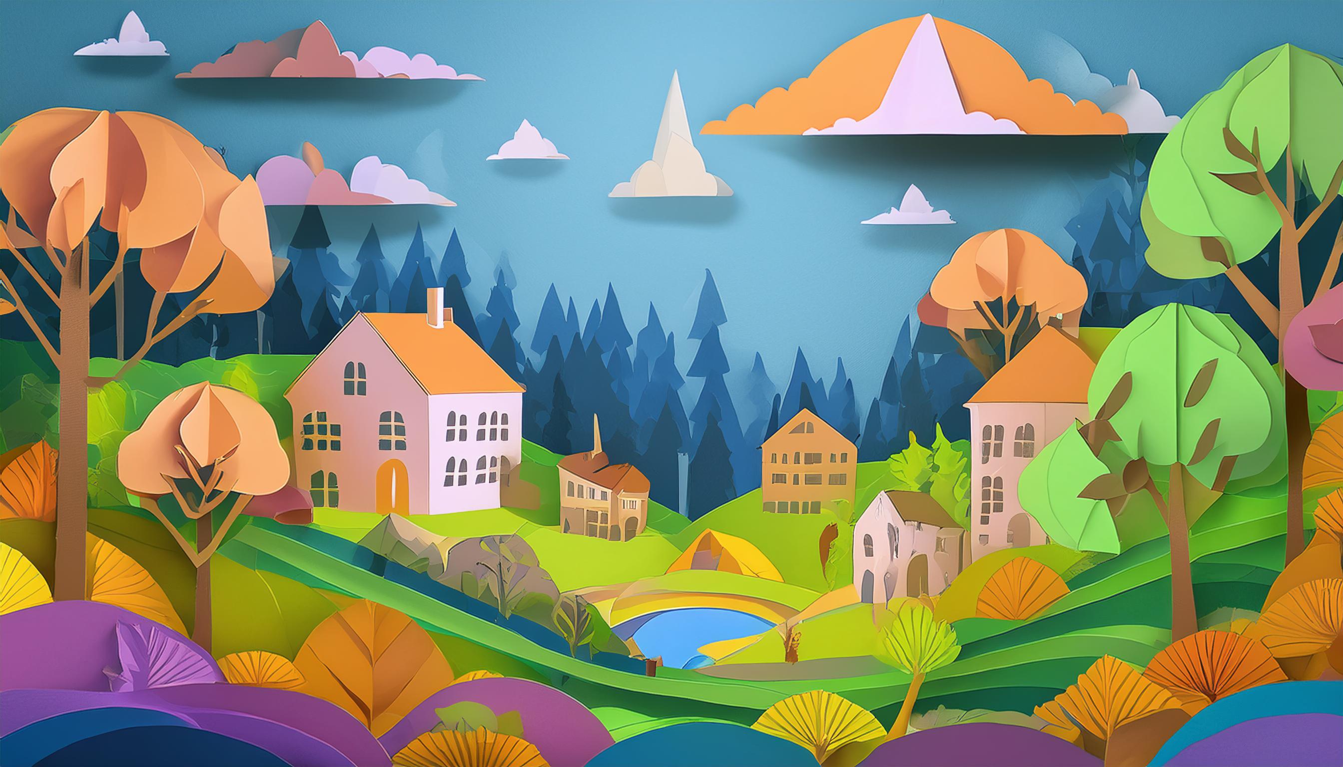 Lebendige Legetrick-Animation einer Dorfszene mit bunten Bäumen und Häusern, die eine kreative Erzählmethode illustriert.