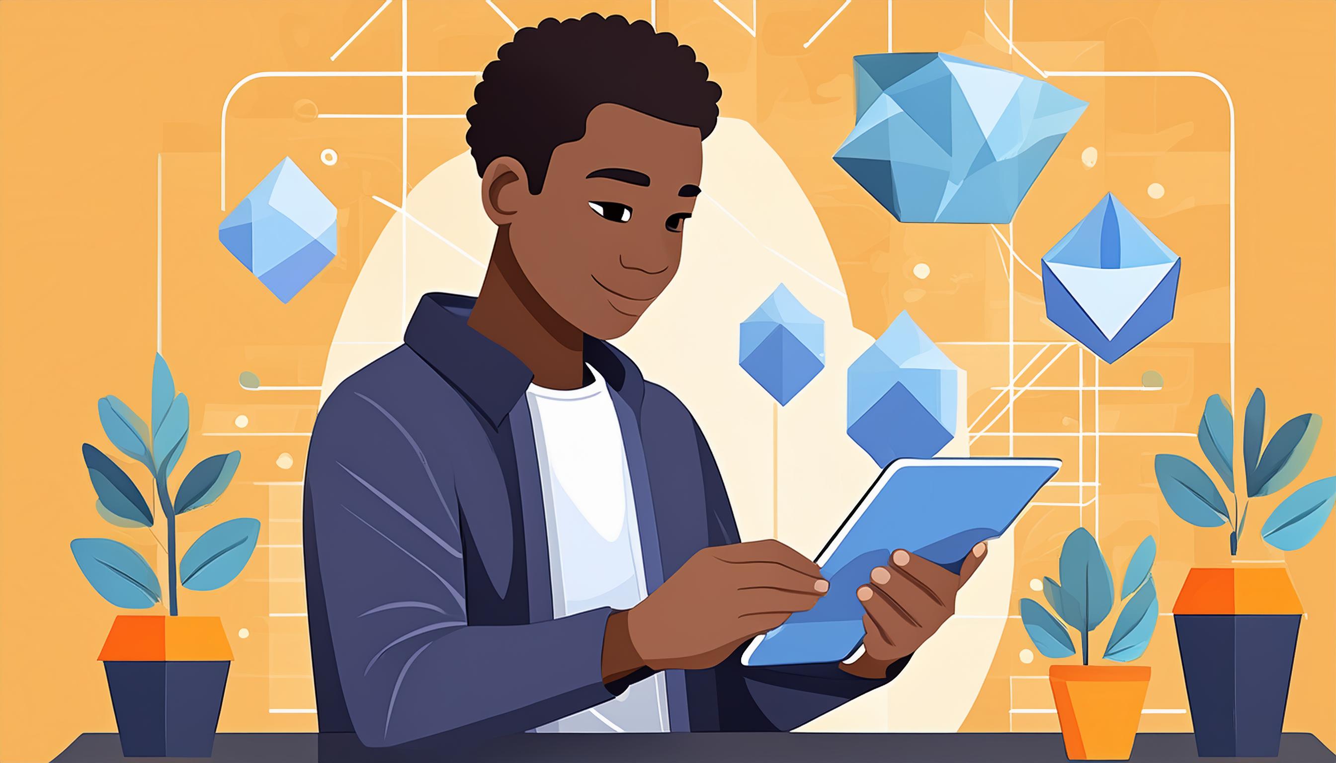 Schüler mit Tablet und schwebenden geometrischen Formen, symbolisiert interaktives Lernen und digitale Bildung.