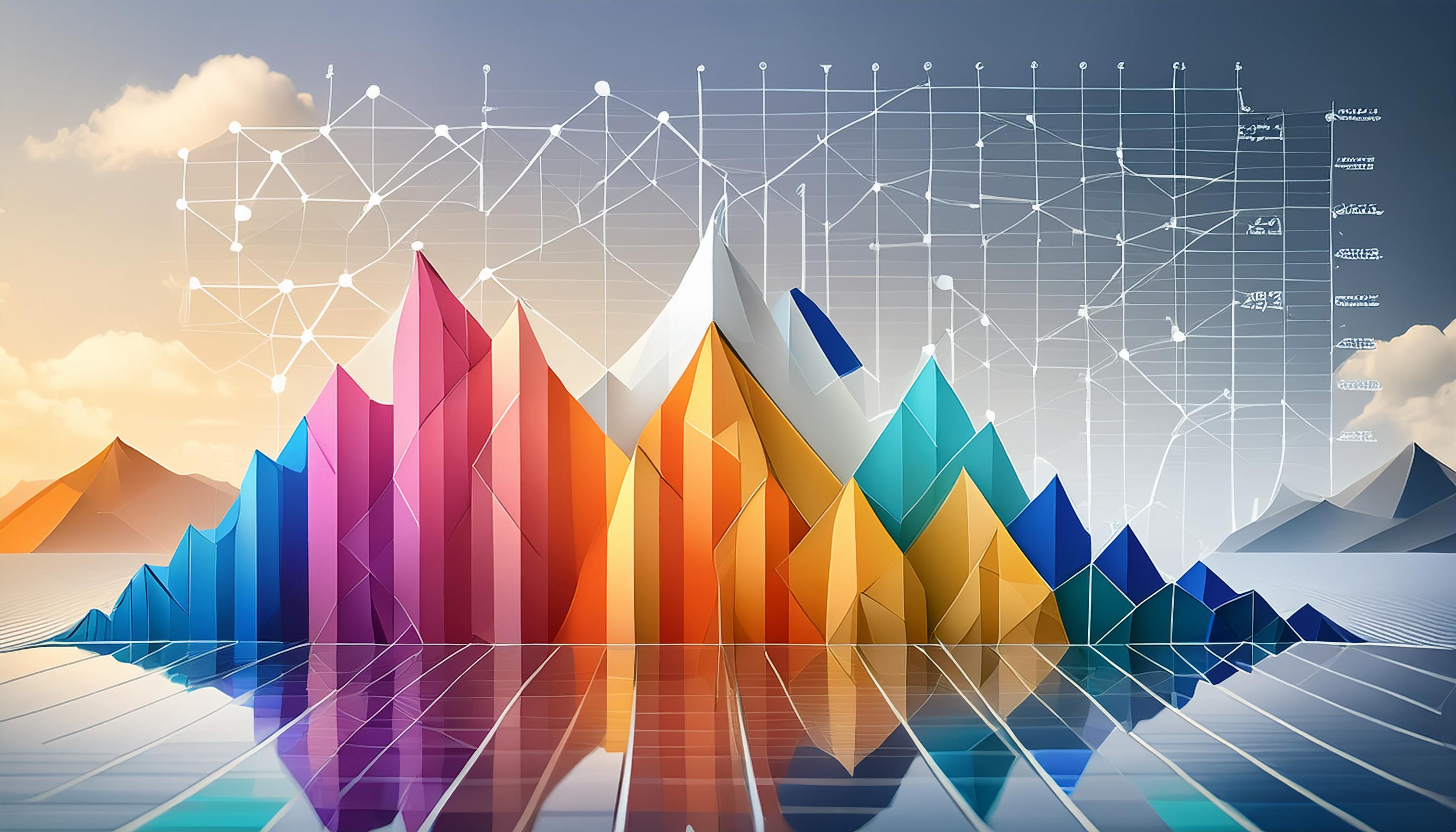 Farbige Infografik, die Daten mit Bergen und Grafiken darstellt und komplexe Datenvisualisierung repräsentiert.