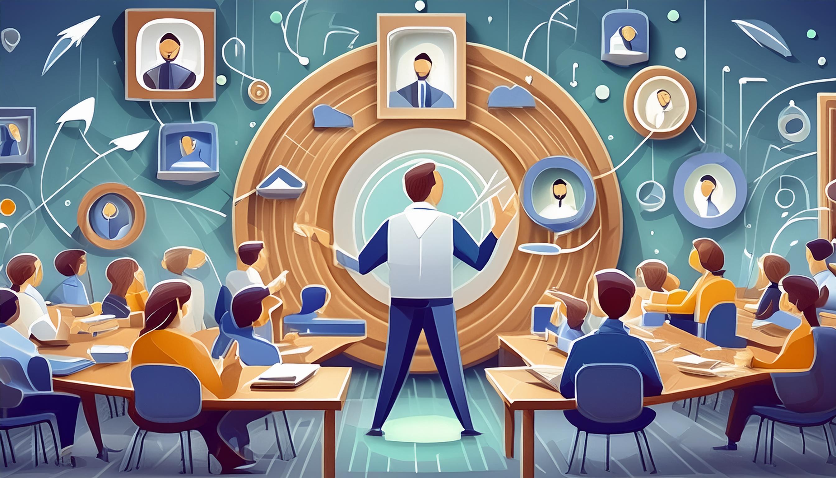 Lehrer, der in einem Klassenzimmer ein Thema anhand einer interaktiven Tafel erklärt, umgeben von Schülern, die aufmerksam zuhören.