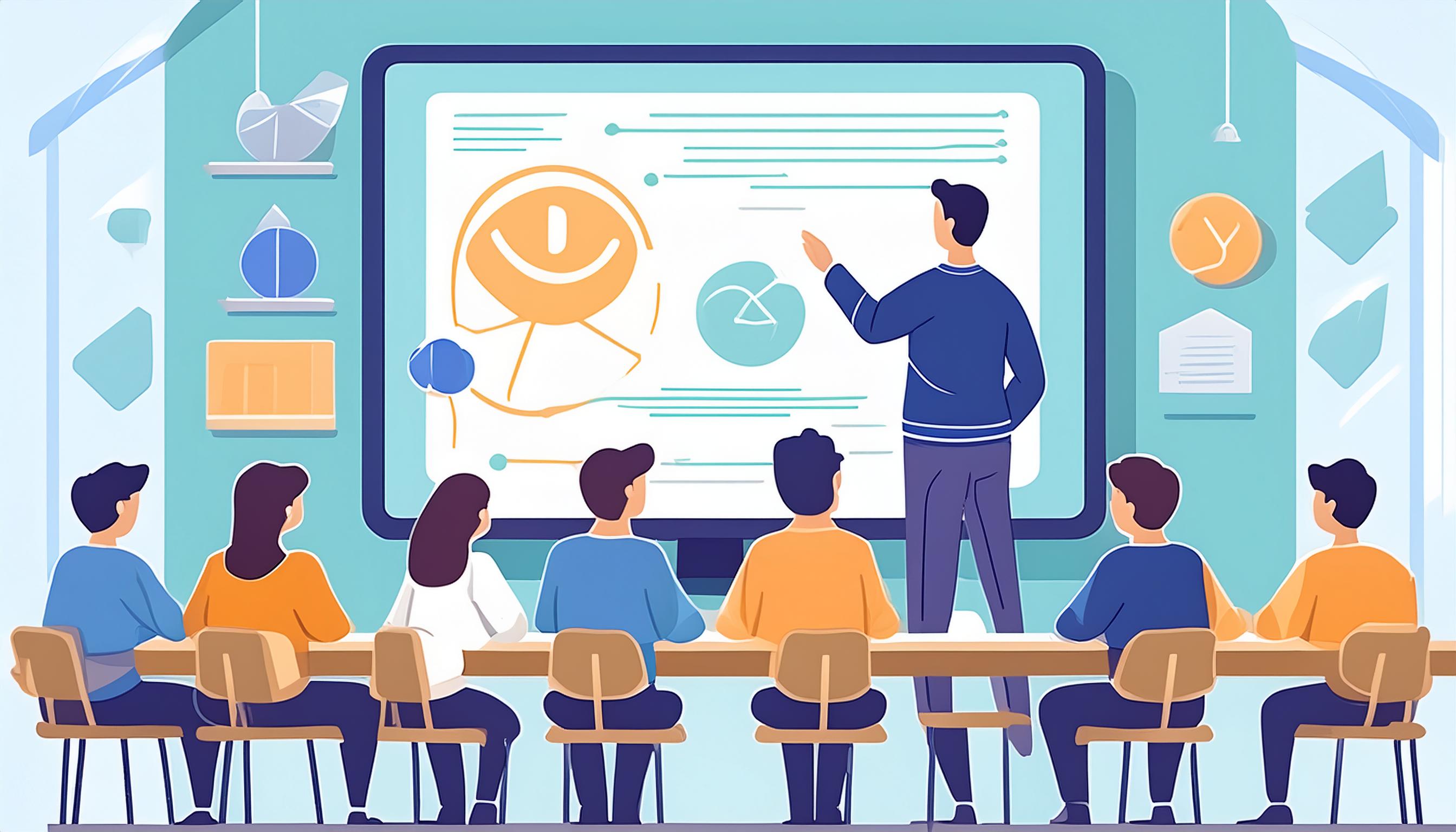 Lehrer, der vor einer großen digitalen Tafel steht und ein Diagramm erklärt, während Schüler in einer Reihe davor sitzen und Notizen machen.