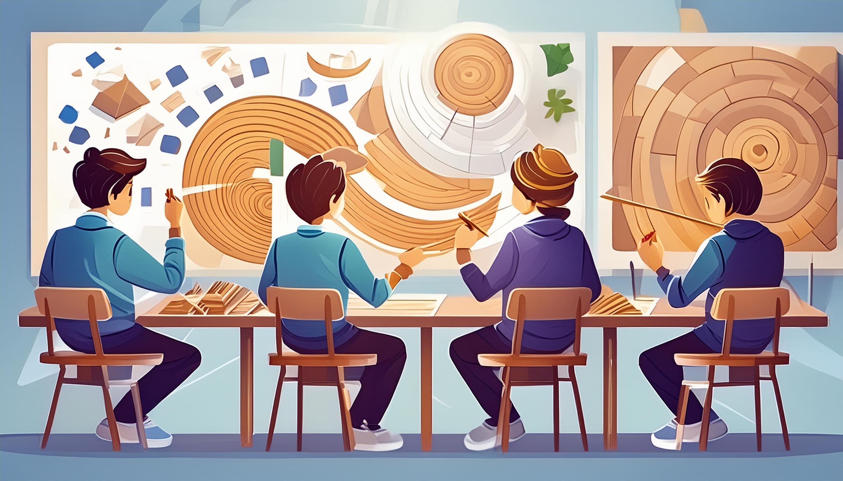 Schüler, die gemeinsam an einem großen Tisch sitzen und mit verschiedenen Materialien und Werkzeugen an einem kreativen Projekt arbeiten.