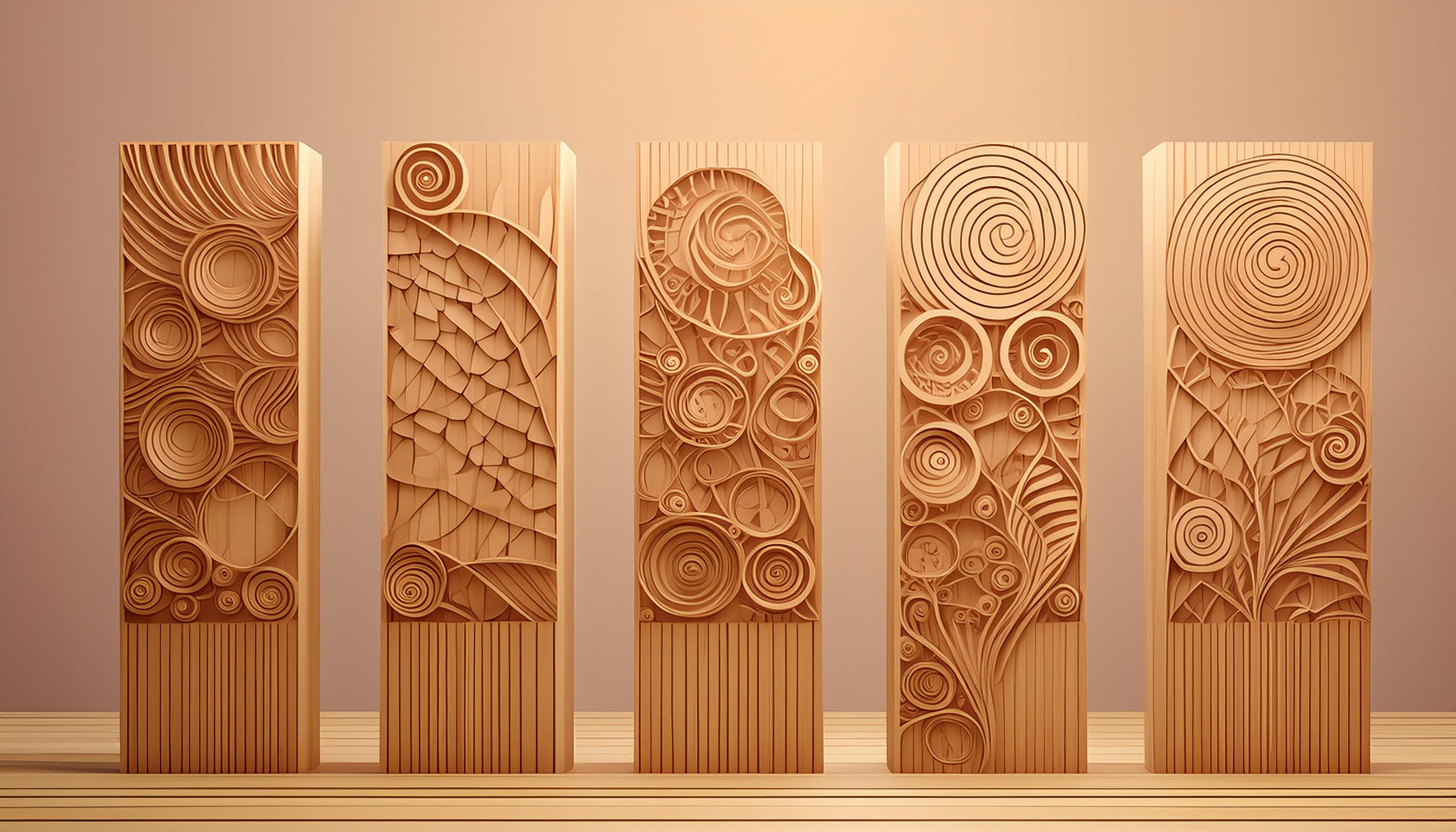 Fünf Holztafeln mit kunstvollen, spiralförmigen Mustern, die verschiedene Bewertungskriterien symbolisieren.