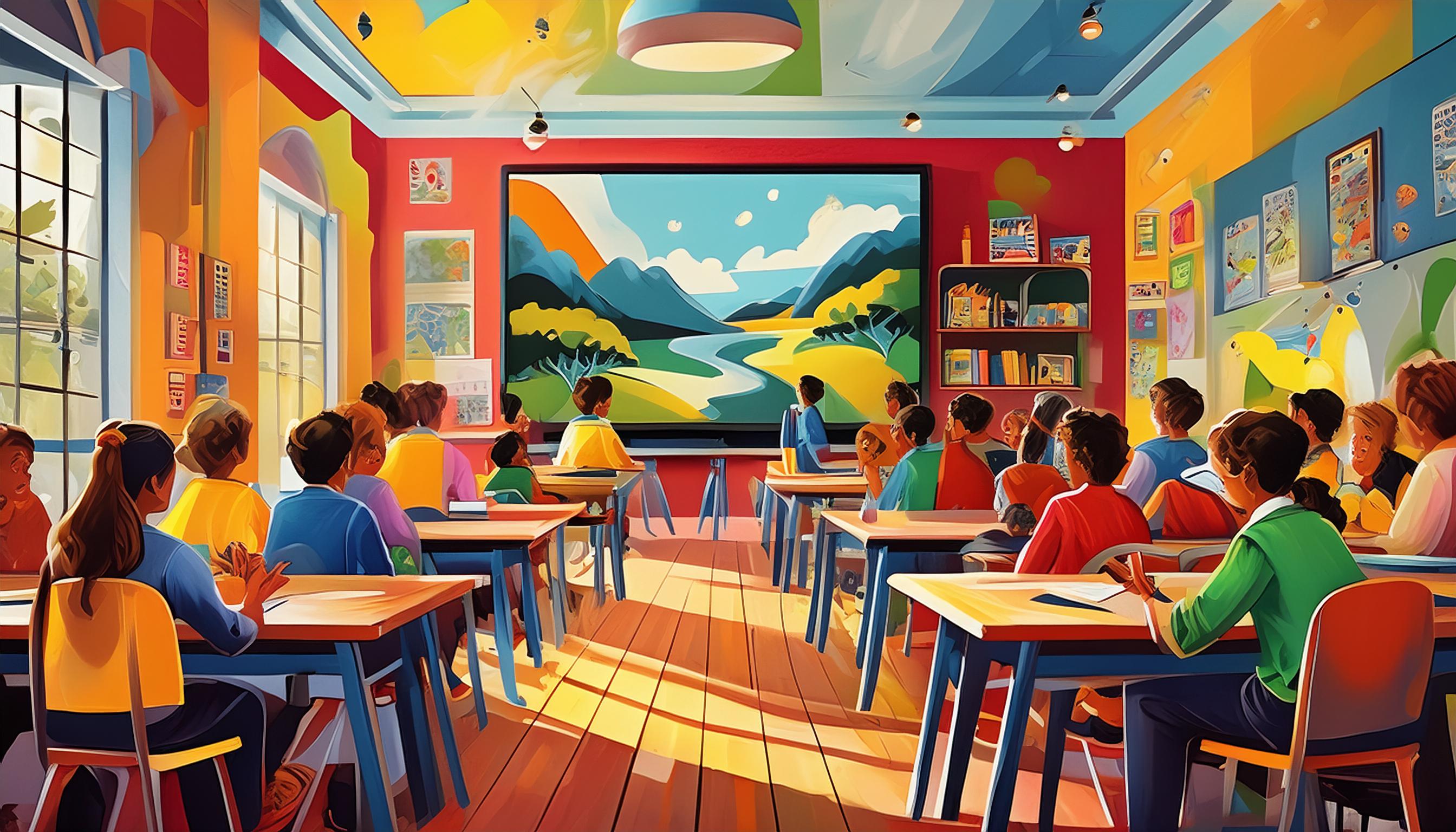 Illustration eines fröhlich gestalteten Klassenzimmers mit vielen Kindern unterschiedlicher Hautfarben, die an Tischen sitzen und lernen. An den Wänden hängen Kinderzeichnungen und Poster. Durch die großen Fenster sieht man eine bunte, fast abstrakte Landschaft.