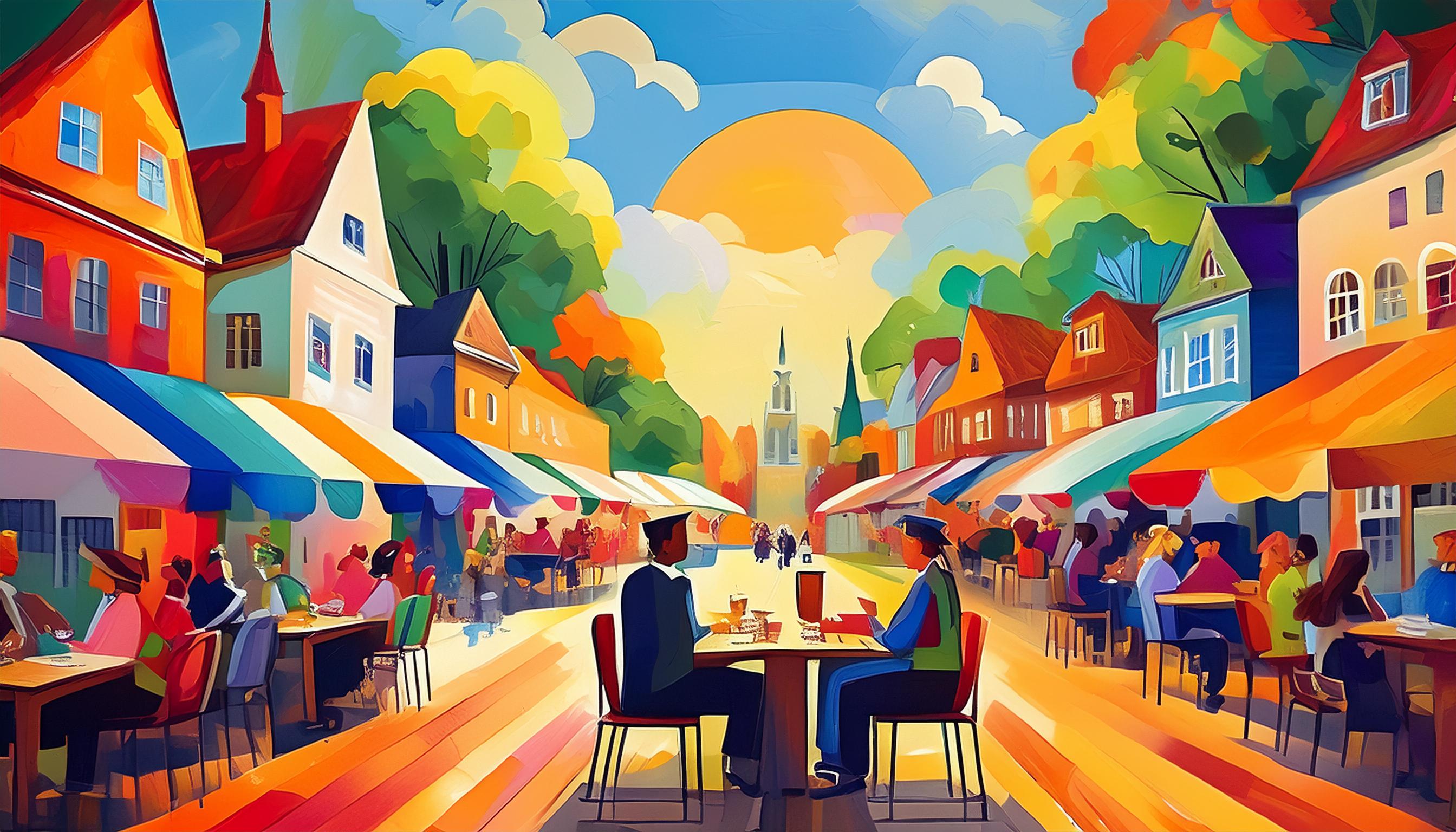 Die Illustration zeigt eine belebte Straßenszene in fröhlichen Farben. Verschiedene Menschen sitzen in Straßencafés unter bunten Sonnenschirmen und genießen die Atmosphäre. Die Gebäude sind in warmen Gelb-, Rot- und Orangetönen gemalt und haben eine vereinfachte, fast kubistische Form. Im Hintergrund ragen Kirchtürme in einen strahlend blauen Himmel mit weißen Wolken. Die gesamte Szenerie vermittelt eine heitere, fast märchenhafte Stimmung durch die leuchtenden Farben und den impressionistischen Malstil.