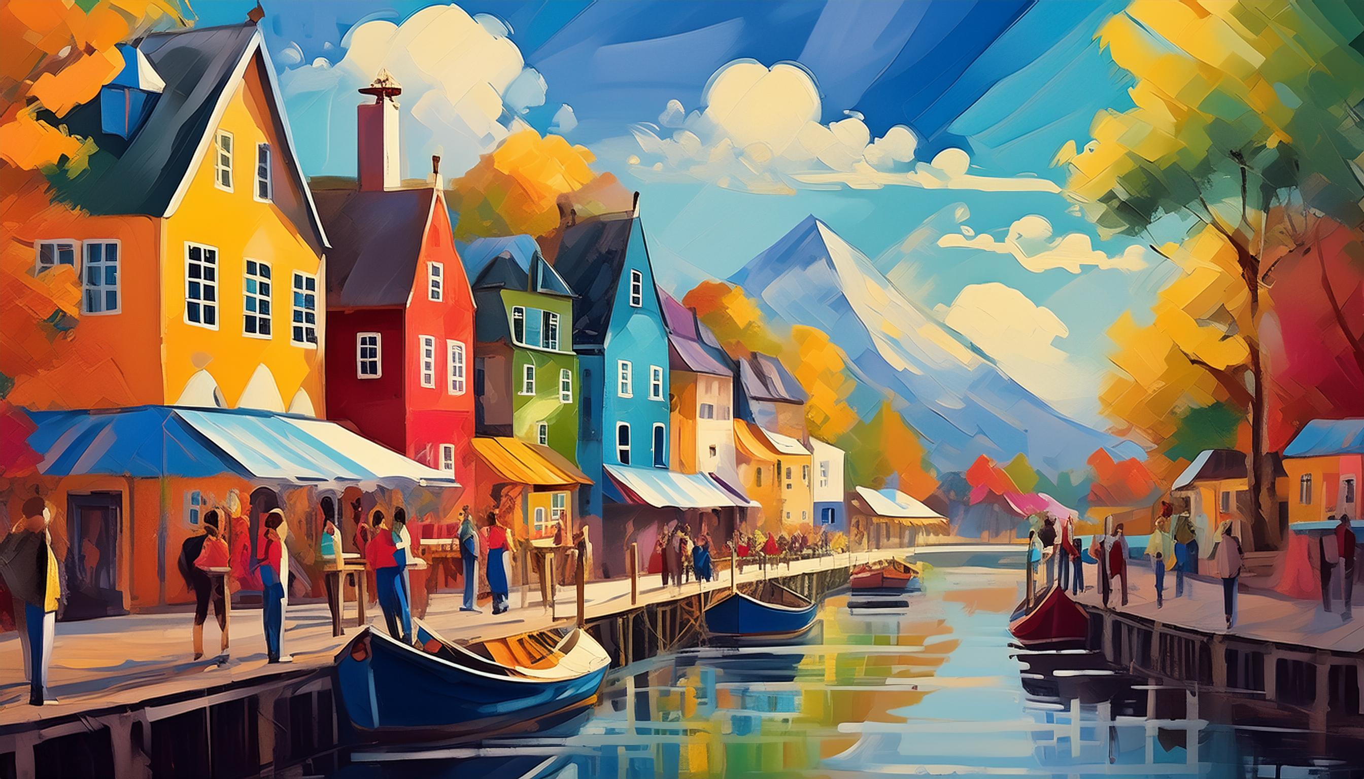 Gemälde einer belebten Straßenszene mit bunten Häusern und Menschen, die spazieren gehen. Der Himmel ist in leuchtenden Blau- und Orangetönen gemalt und die Landschaft hat einen traumhaften, fast surrealen Charakter.