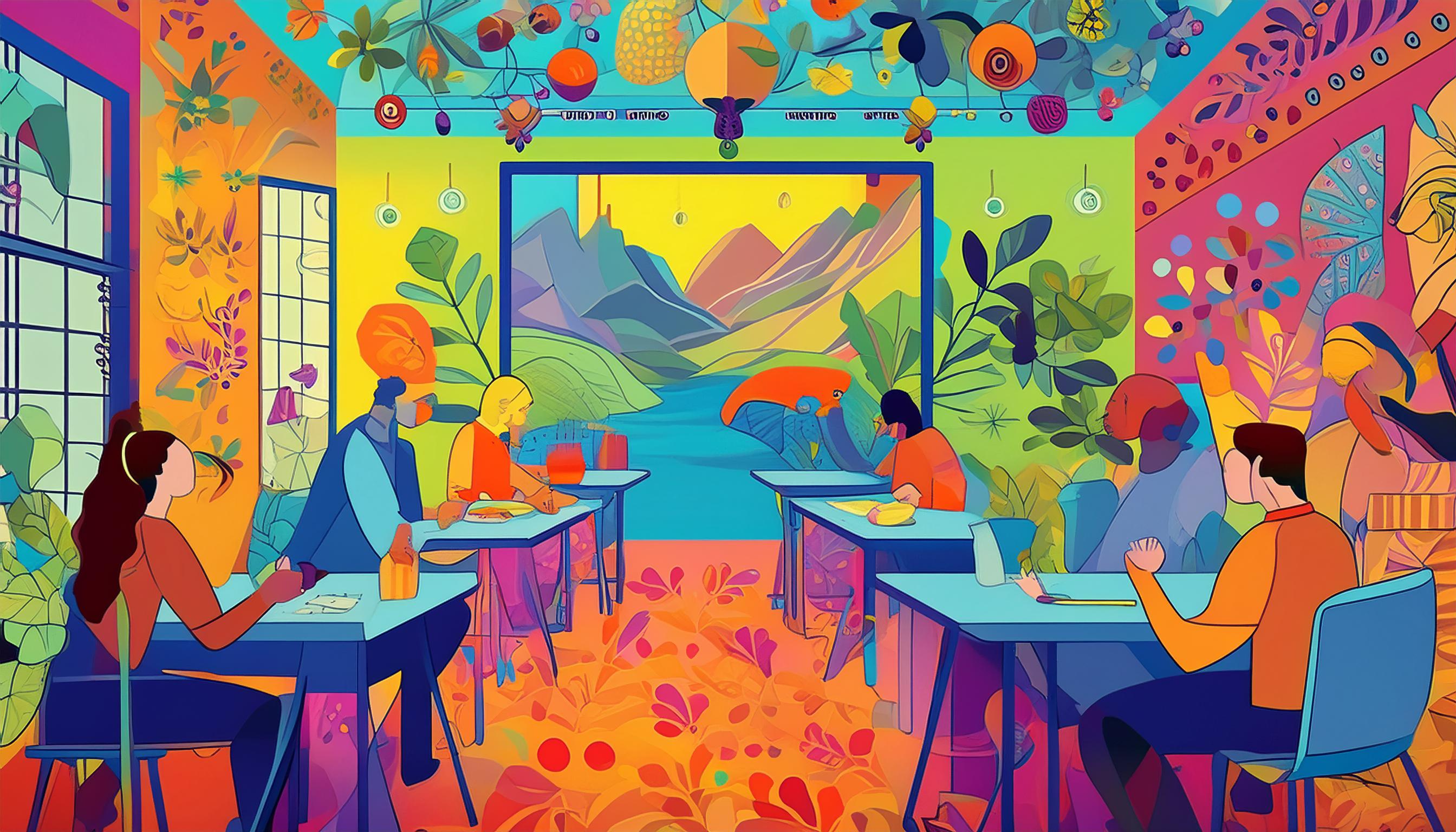 Abstraktes, farbenfrohes Gemälde einer Gruppe von Personen, die in einer Art Café oder Restaurant an Tischen sitzen. Die Formen und Farben sind vereinfacht und stehen im kubistischen Stil, der an Werke von Künstlern wie Picasso erinnert.