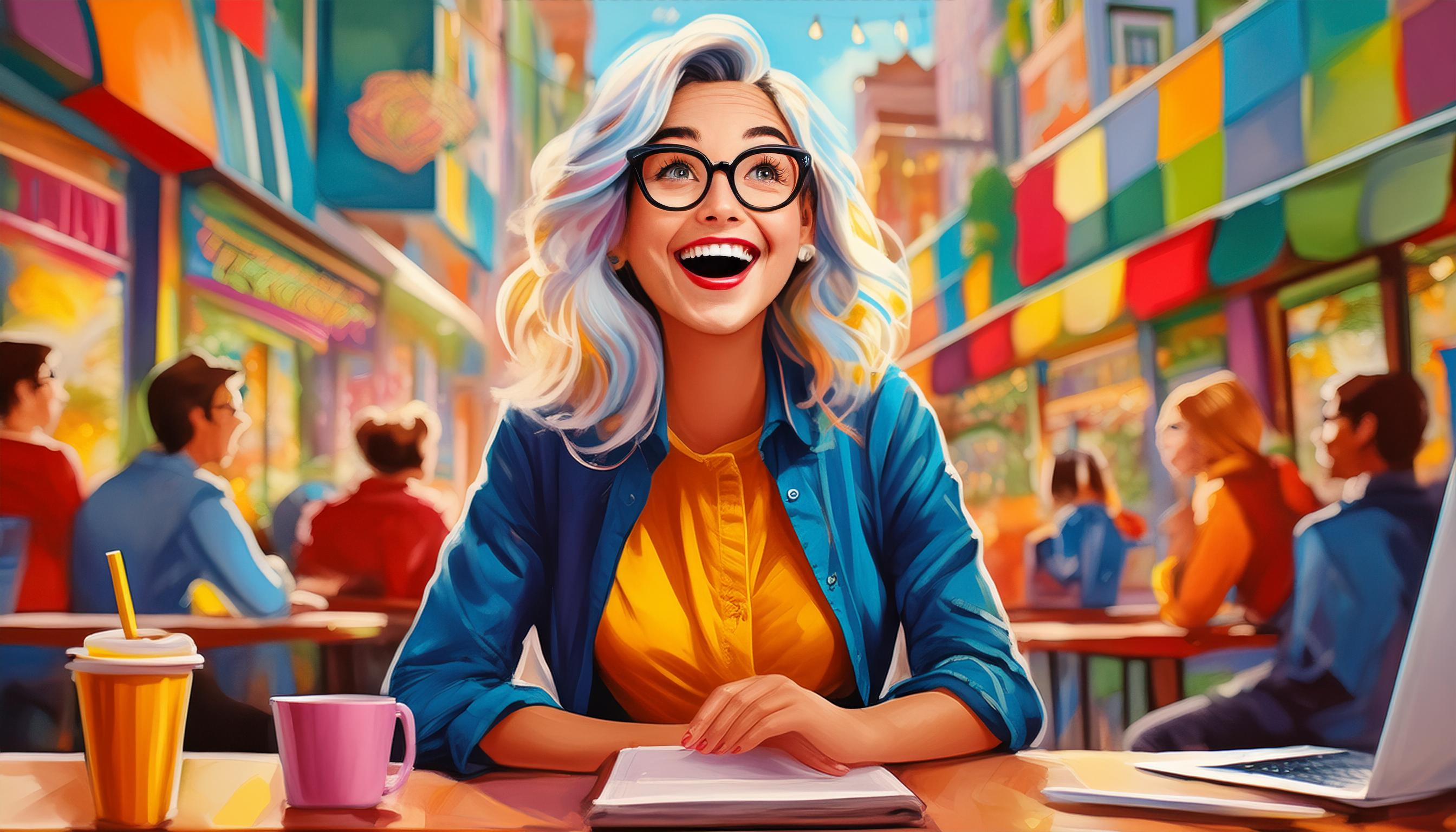 Illustration einer lächelnden jungen Frau mit blonden, welligen Haaren und einer Brille, die an einem Café-Tisch sitzt und ein Buch liest. Die Szene ist bunt und heiter dargestellt, im Hintergrund sind weitere Menschen in dem Café zu sehen.