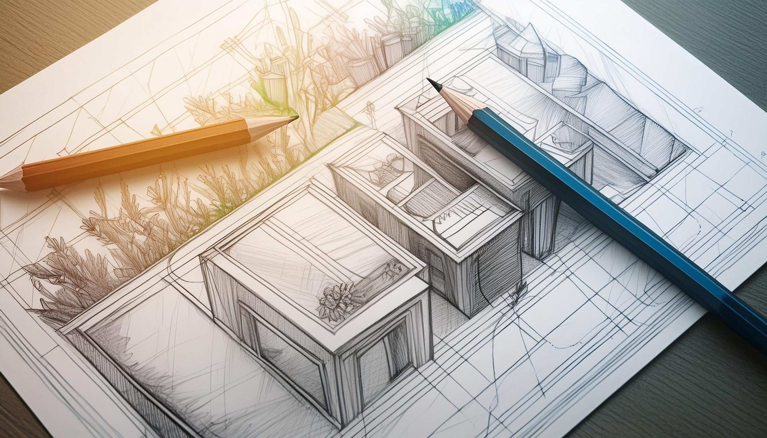 Nahaufnahme einer architektonischen Zeichnung mit Bleistiftskizzen von Gebäudestrukturen auf einem Grundrissraster