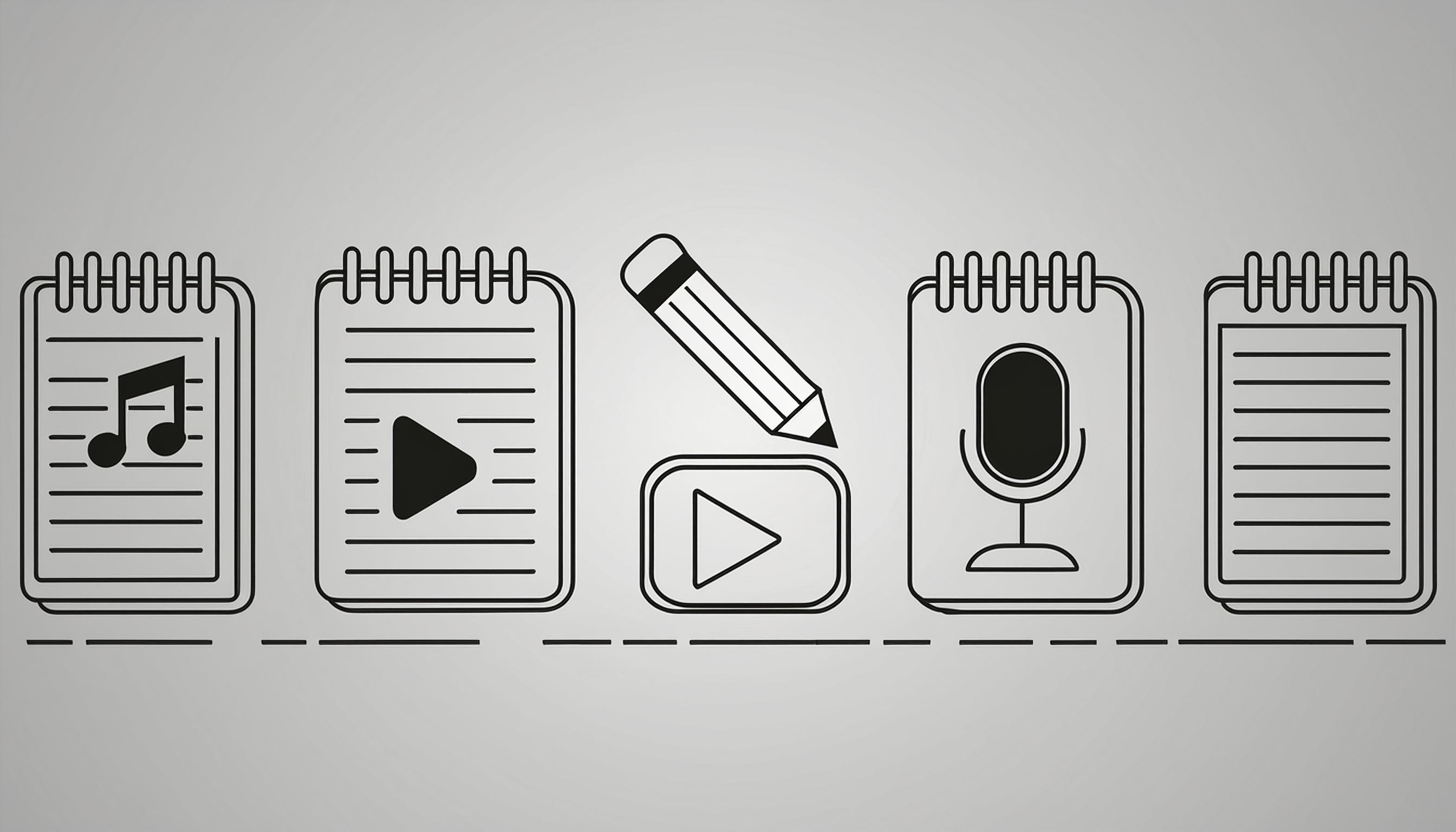 Infografik zum Erstellungsprozess eines englischen Erklärvideos mit Symbolen für Musik, Skript, Animation, Aufnahme und Endprodukt