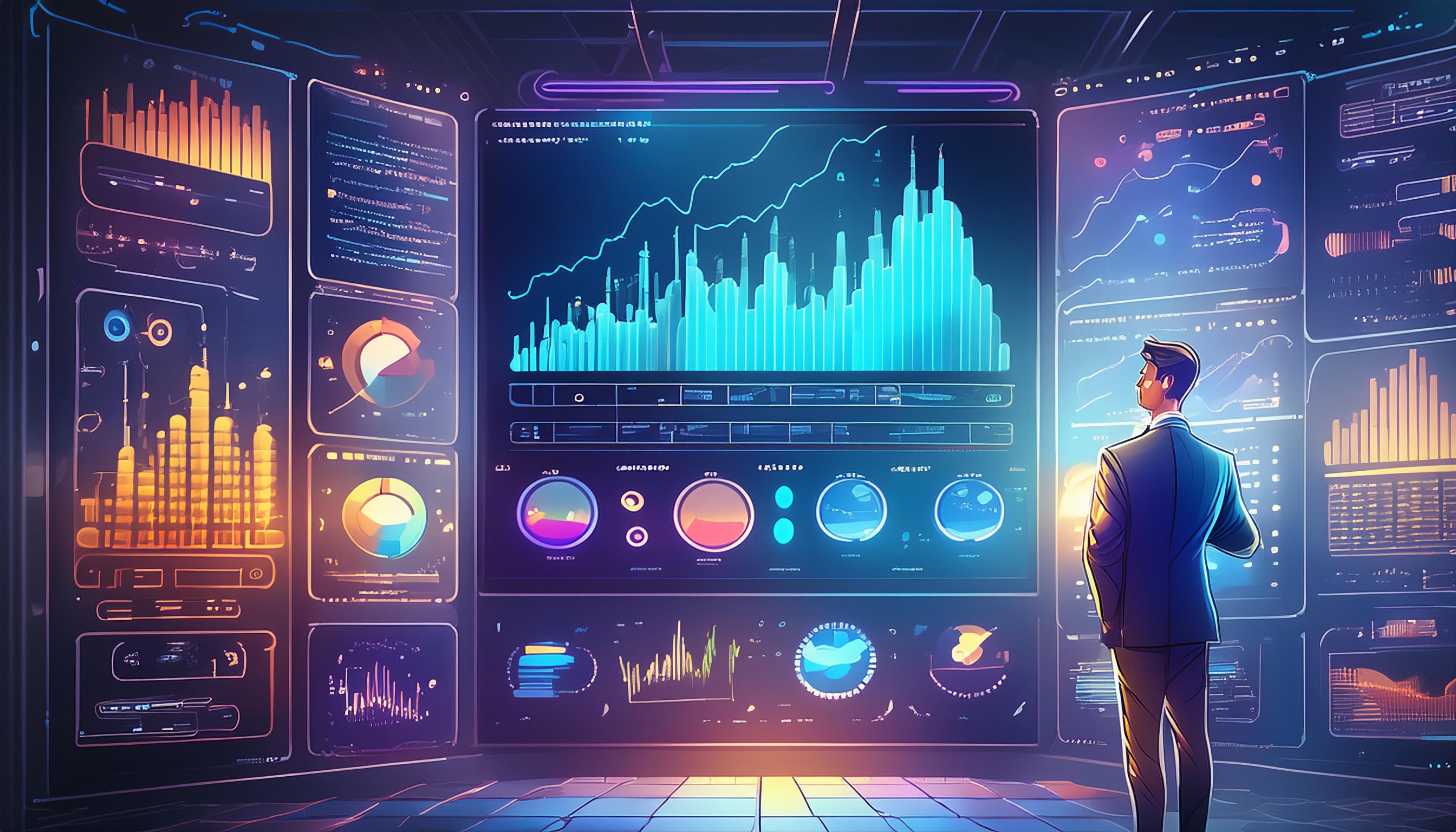 Futuristisches Kontrollzentrum mit zahlreichen Bildschirmen, die Datenvisualisierungen und Analysen zeigen, mit einer Person, die davor steht.