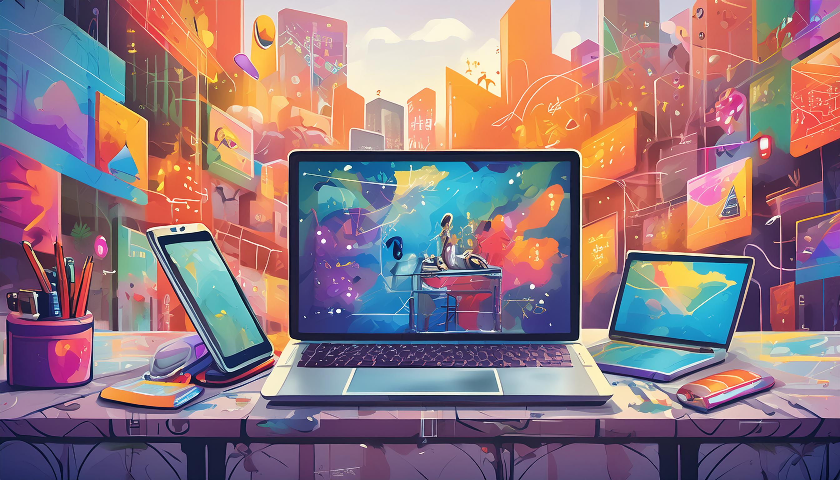 Ein moderner Arbeitsplatz mit Laptop und Smartphone, beide zeigen ein Erklärvideo. Umgeben von farbenfrohen, abstrakten Elementen, die soziale Medien und interaktive Inhalte darstellen.