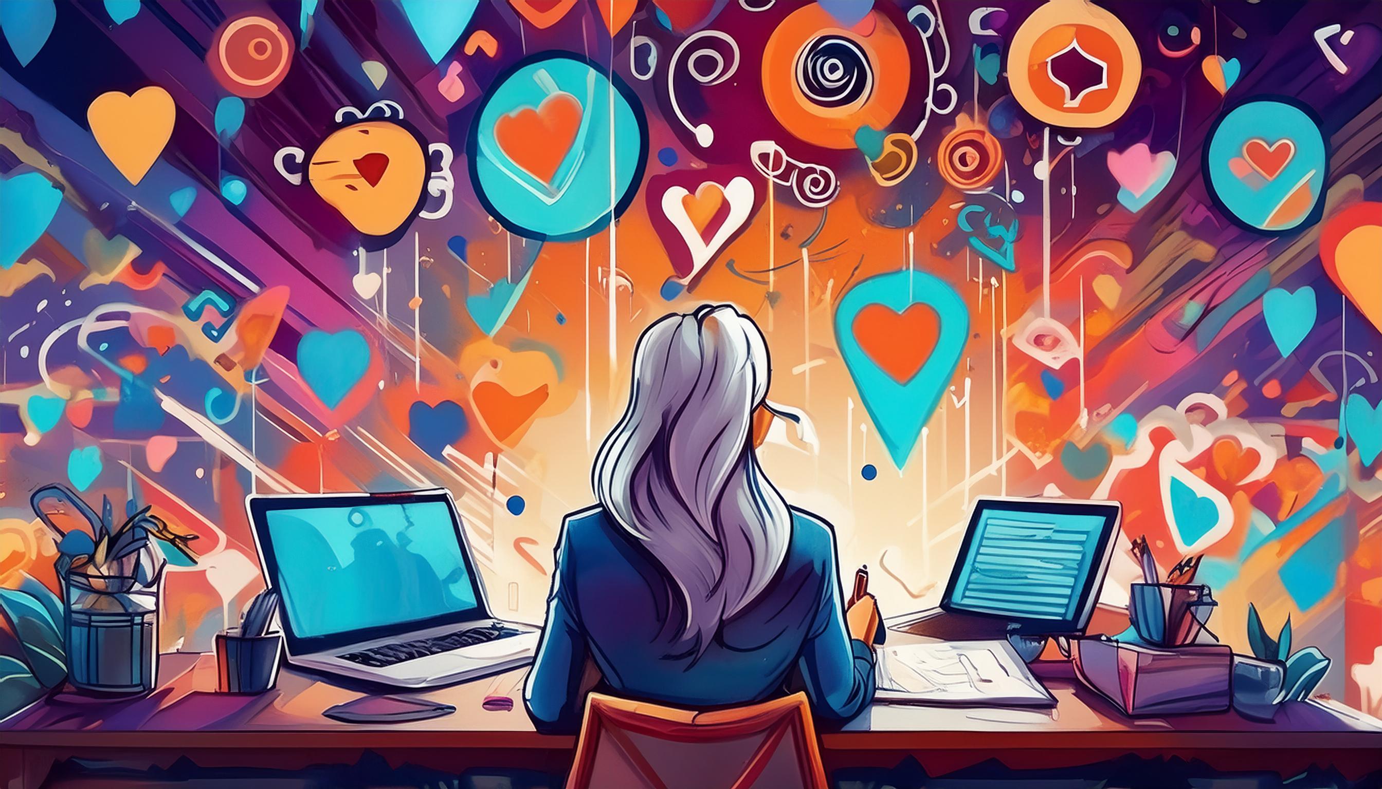 Eine Person sitzt an einem Schreibtisch und macht Notizen, vor ihr stehen ein Laptop und Social Media Symbole. Der Hintergrund ist lebendig und voller farbiger Herzen und Symbole.