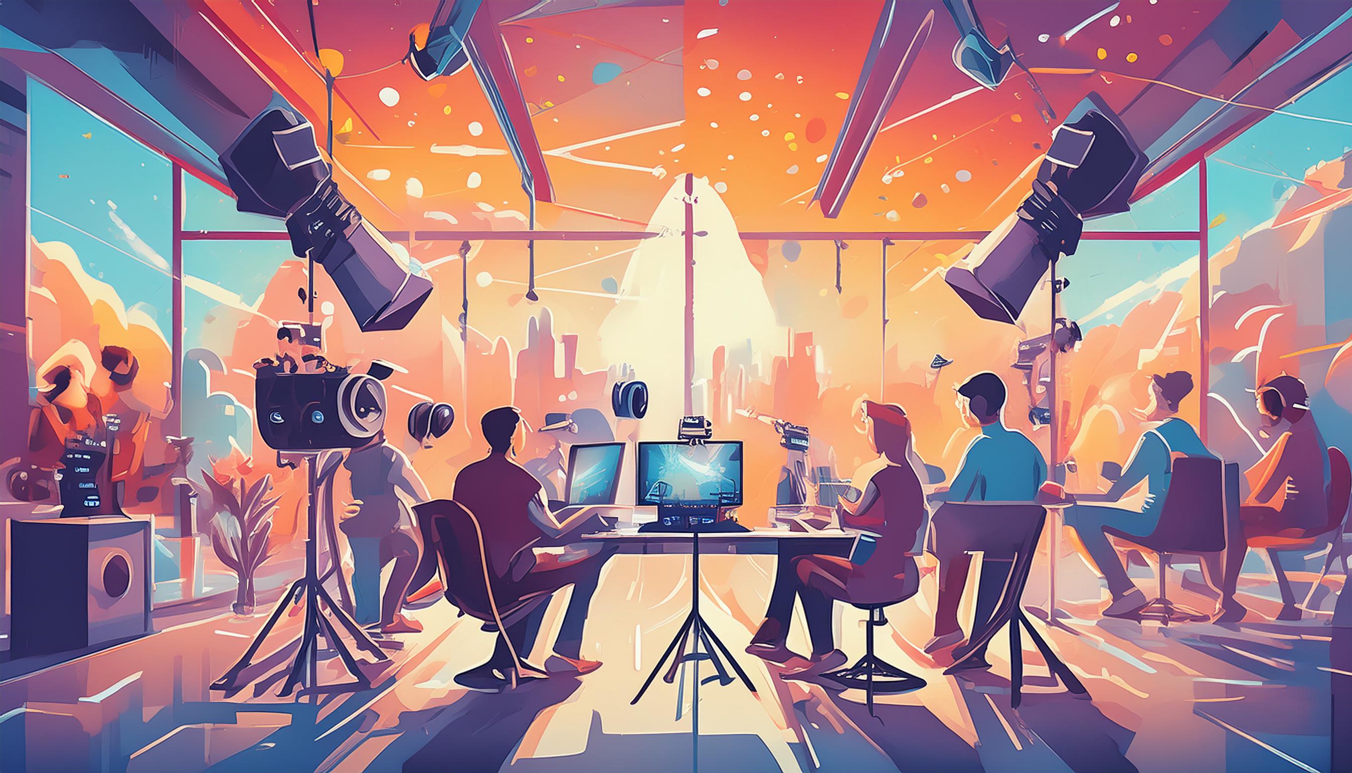 Ein modernes Filmstudio während einer Videoproduktion, mit professioneller Kameraausrüstung und einem Team, das an Computern arbeitet.