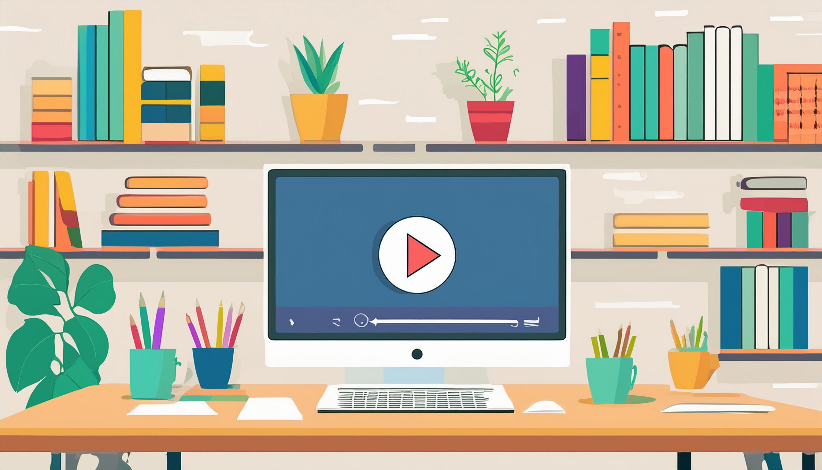 Moderner Schreibtisch mit Computer, der ein Testimonial Video abspielt, umgeben von Büchern und Pflanzen.