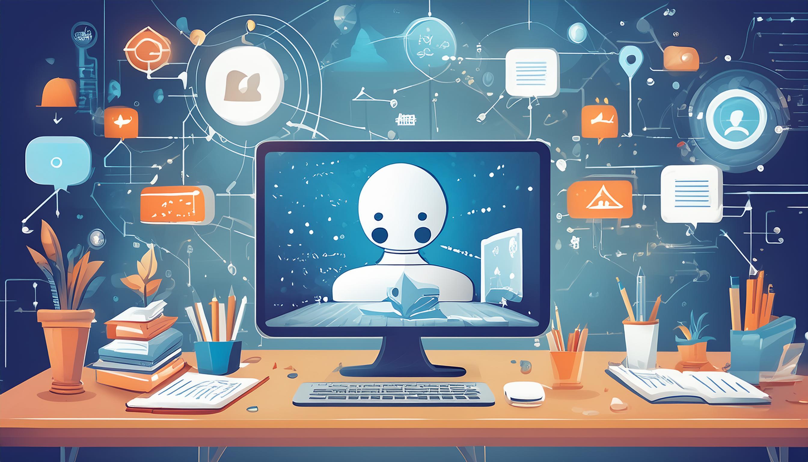 Illustration eines Schreibtischs mit einem Computerbildschirm, auf dem ein Erklärvideo abgespielt wird. Um den Bildschirm herum sind Symbole für Storytelling-Elemente wie ein Buch, eine Sprechblase und ein Held zu sehen. Im Hintergrund befinden sich schematische Darstellungen von Video-Editoren und Marketing-Tools.