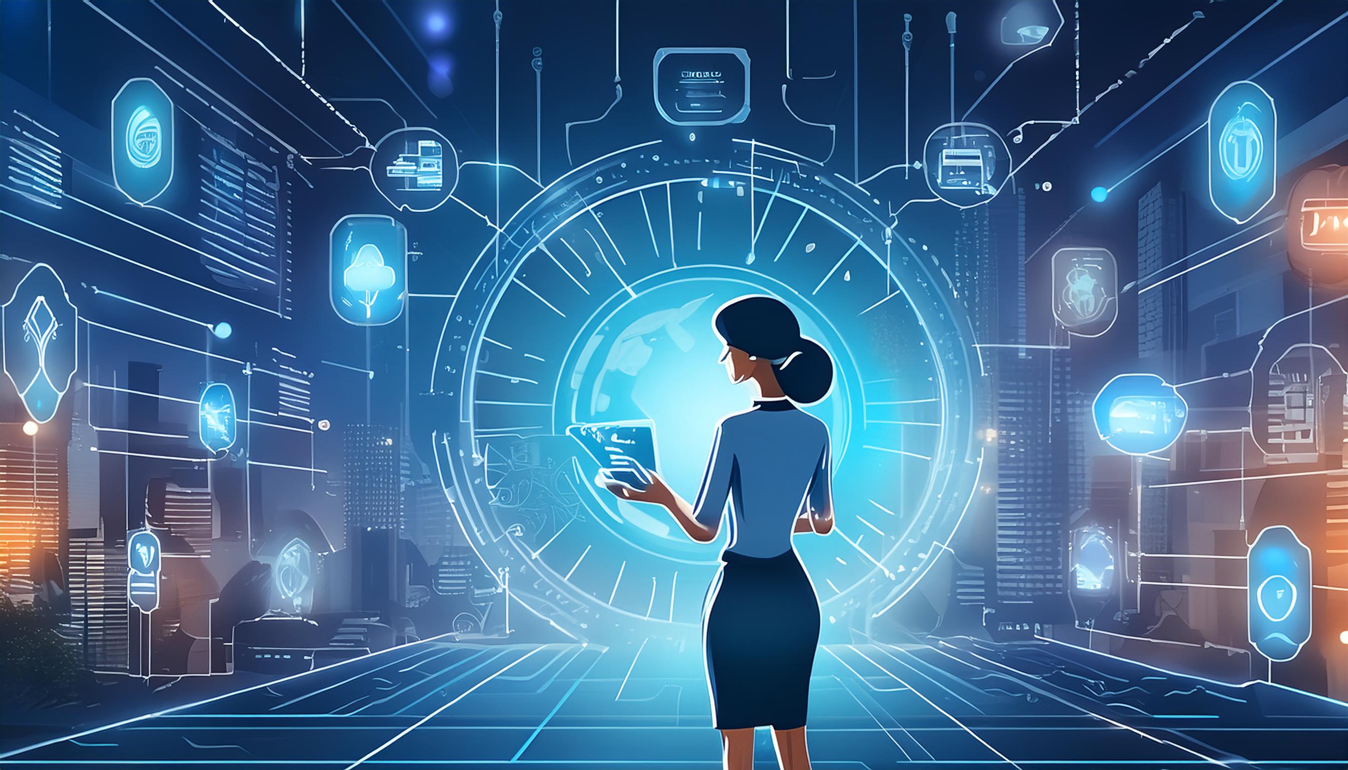 Futuristisches Szenario mit einer Frau, die vor einem großen holografischen Bildschirm steht und moderne Marketing-Technologien wie künstliche Intelligenz und Virtual Reality nutzt. Im Hintergrund sind verschiedene digitale Symbole und eine Stadtlandschaft bei Nacht zu sehen.