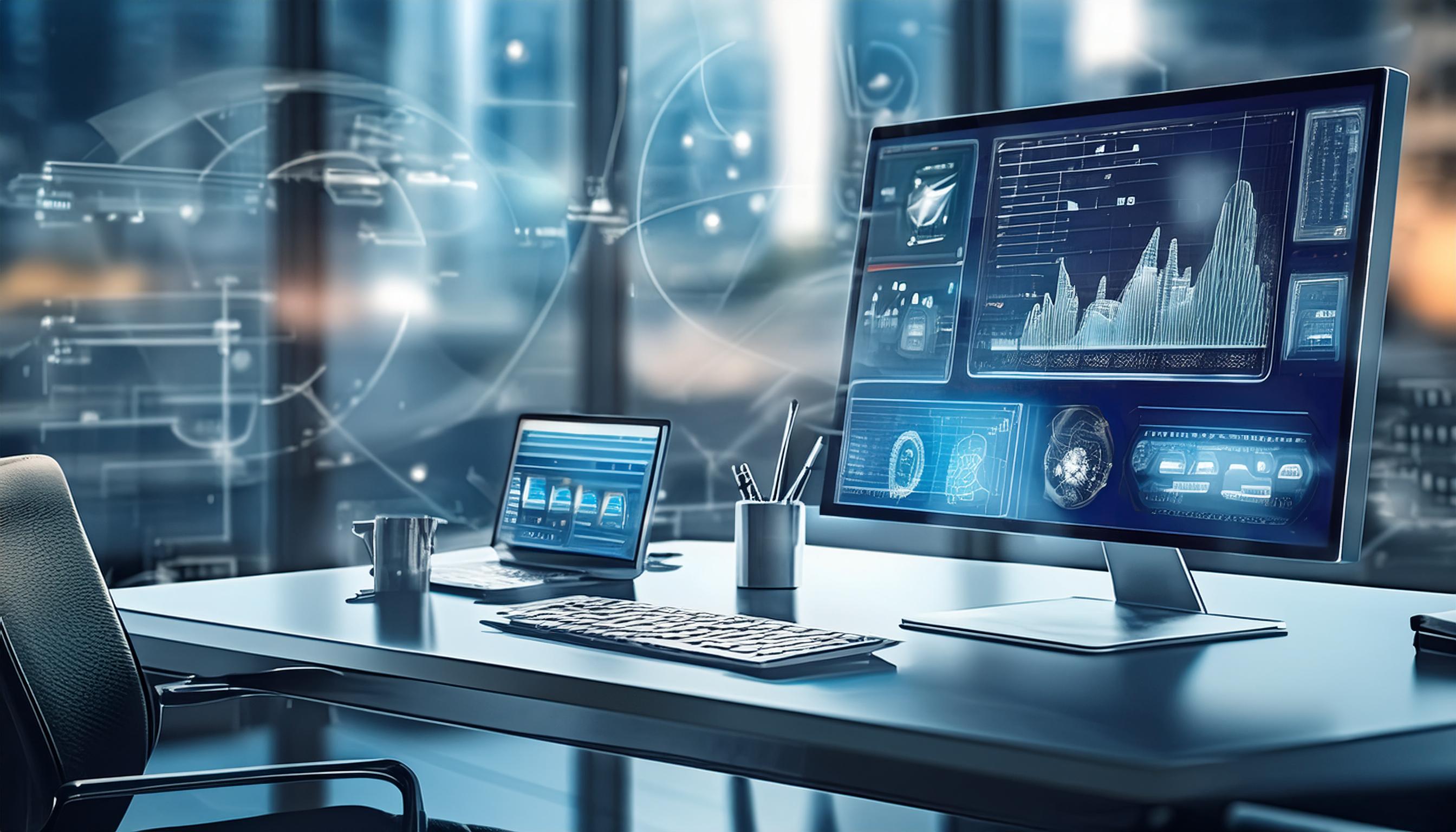 Moderne Computerarbeitsplatz mit Monitoren, die verschiedene KI-Tools zur Videozusammenfassung anzeigen. Die Bildschirme zeigen Datenanalysen und Diagramme, während der Arbeitsplatz eine professionelle Büroatmosphäre vermittelt.