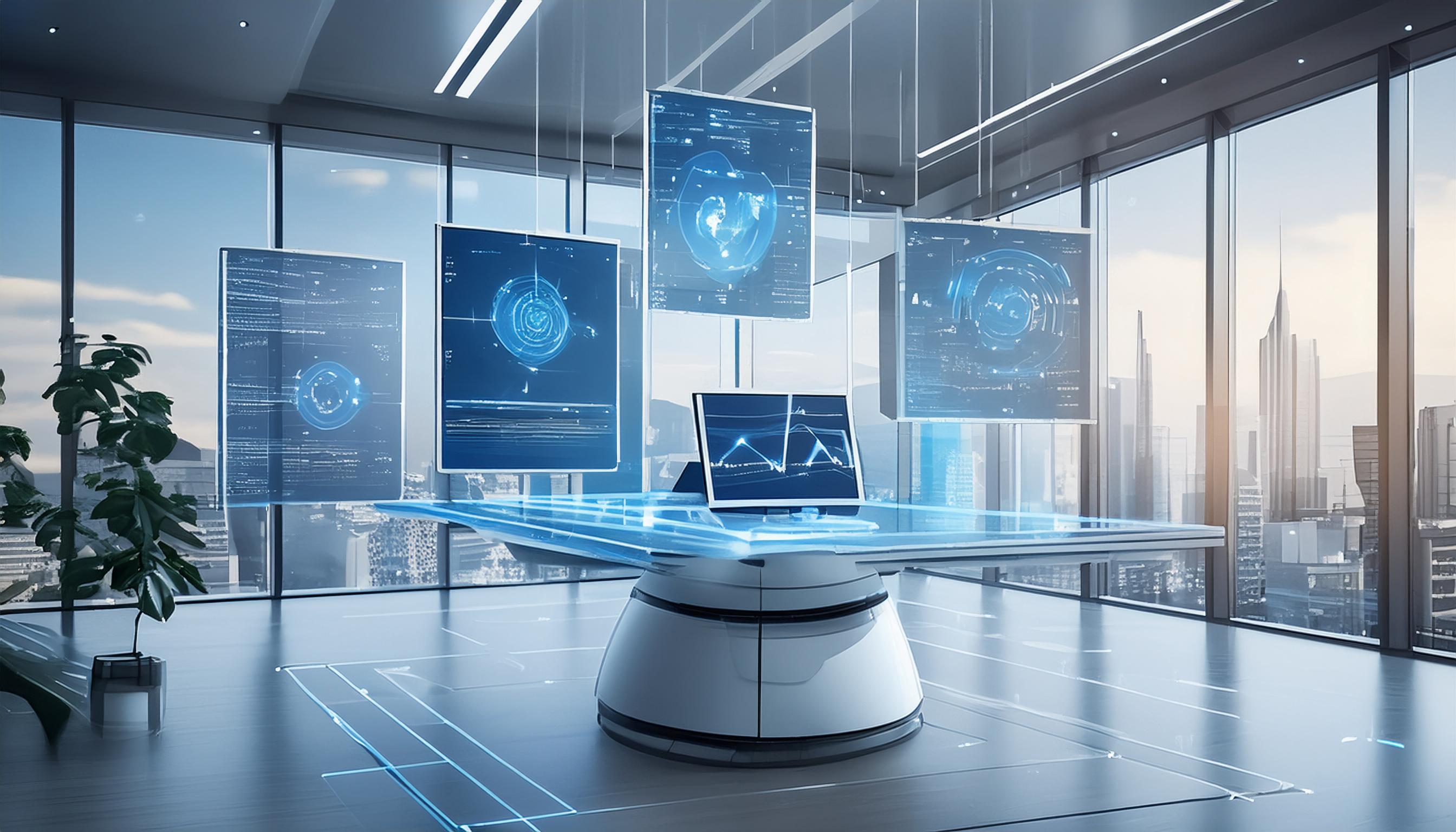 Futuristisches Büro mit holografischen Bildschirmen, die über einem Schreibtisch schweben und Videoclips sowie Datenanalysen anzeigen. Ein modernes Gerät projiziert Daten, während das minimalistische und saubere Design des Büros eine innovative und technologische Zukunft darstellt.