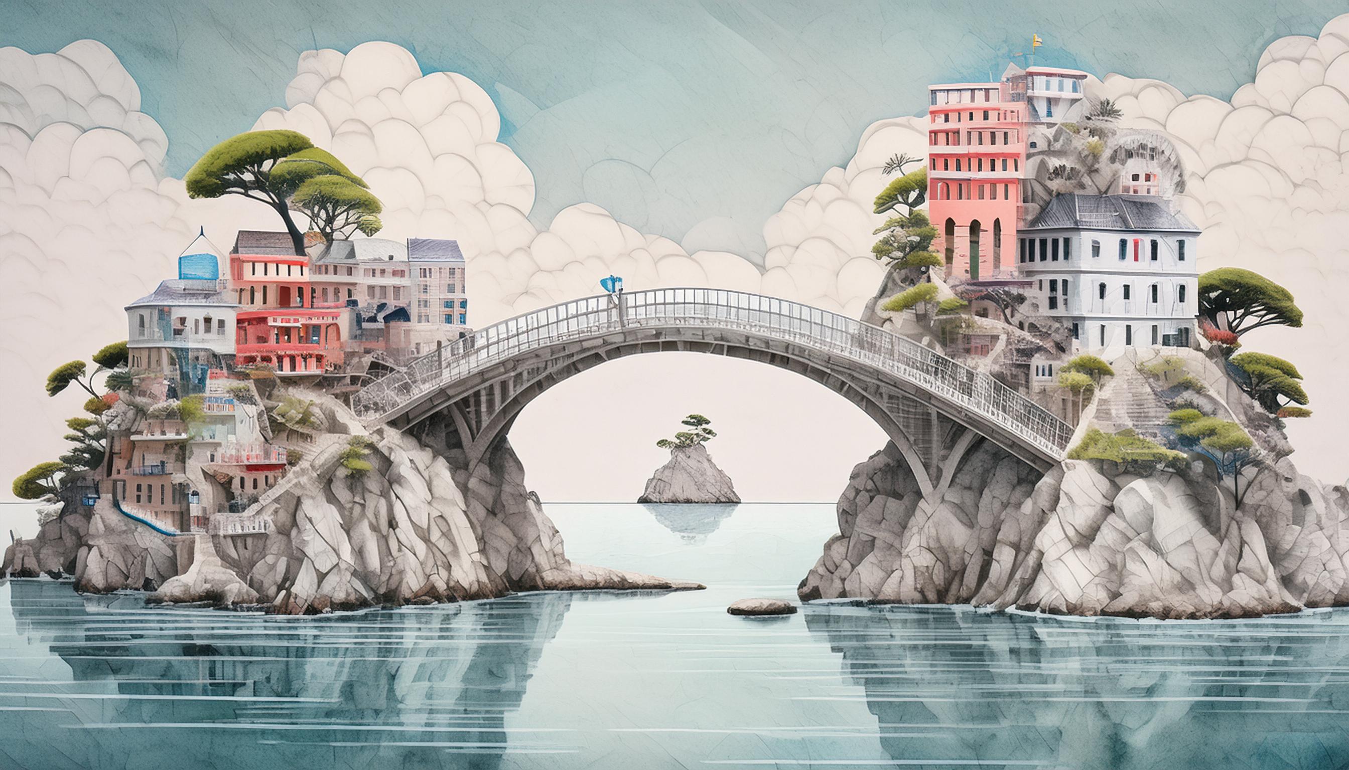 Stilisierte Illustration einer Brücke, die zwei Inseln verbindet. Eine Insel repräsentiert komplexe Ideen, die andere Verständnis. Die Brücke symbolisiert die Bedeutung des guten Erklärens.