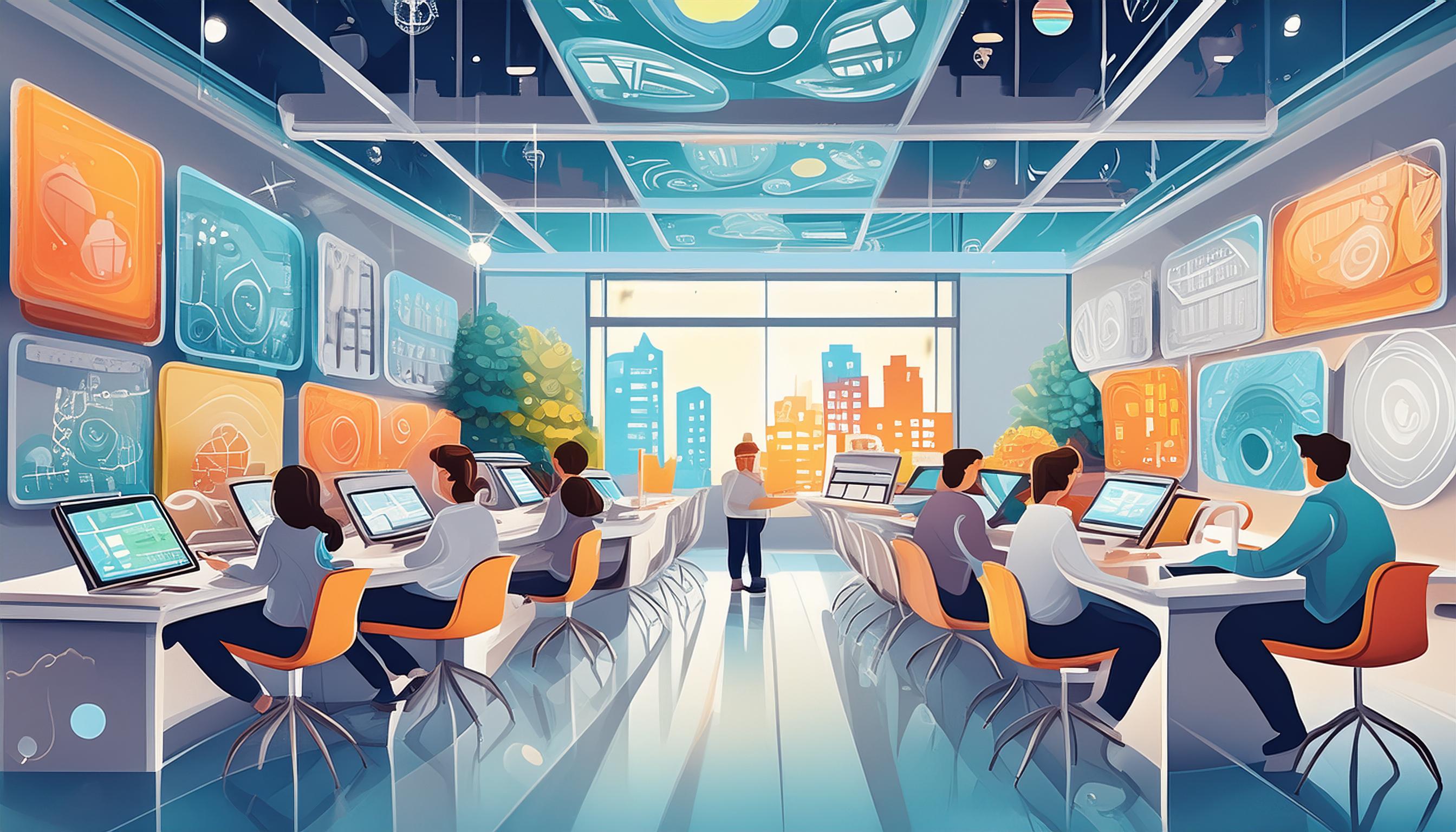 Moderne Lernumgebung mit Studierenden, die an digitalen Arbeitsplätzen arbeiten, umgeben von futuristischen Displays und einer Aussicht auf eine Stadtlandschaft