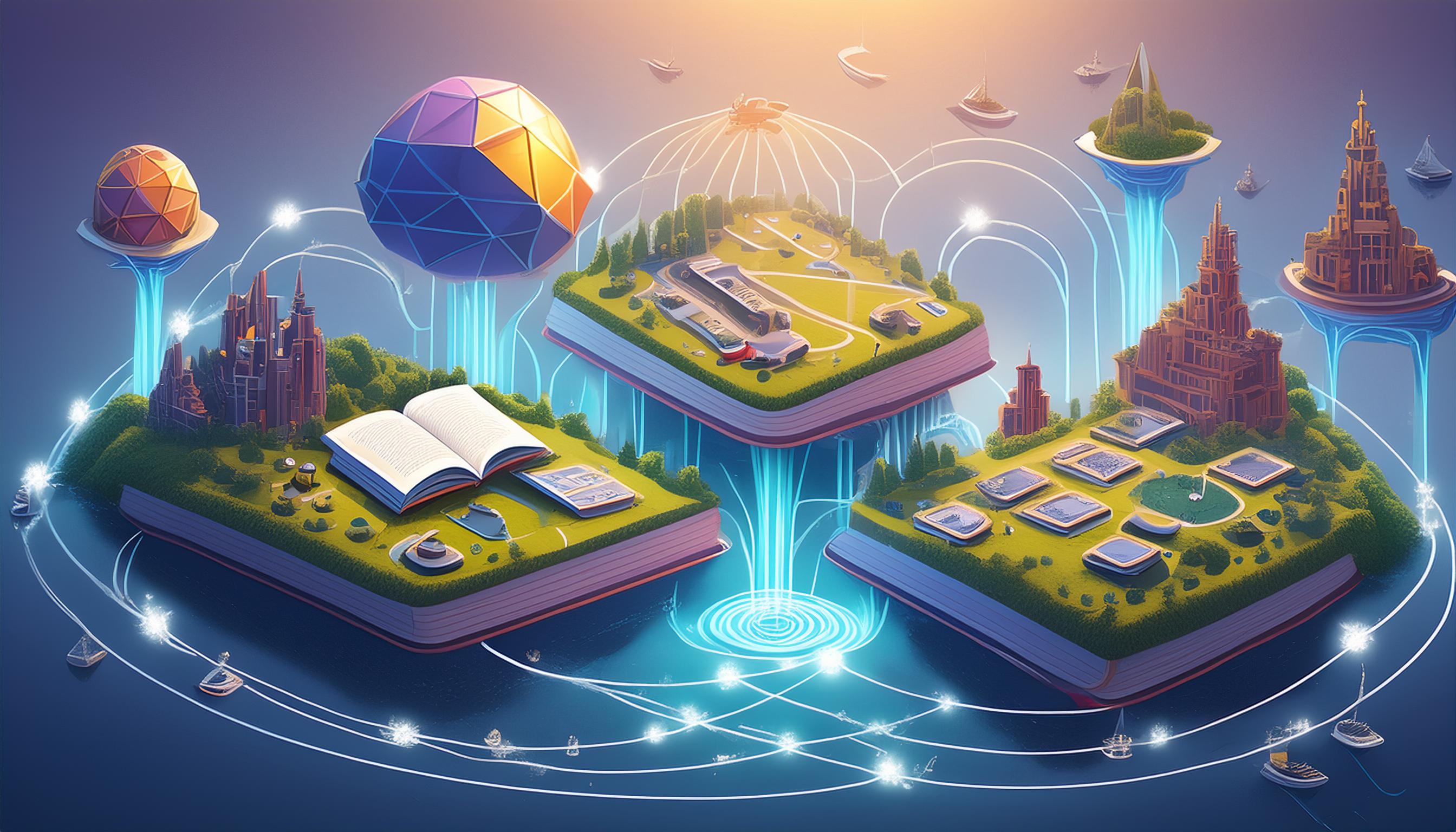 Illustration innovativer Lernmethoden mit schwebenden Büchern und futuristischen Strukturen, die verschiedene Lernumgebungen und Technologien verbinden