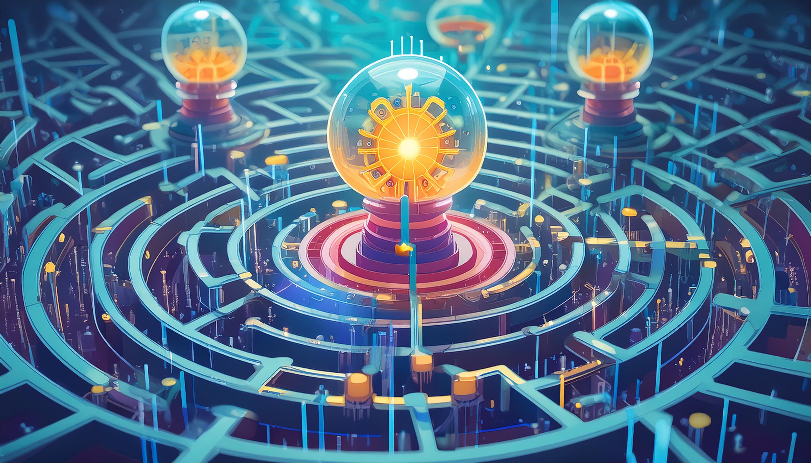 Futuristisches Labyrinth mit leuchtenden Kugeln, die das Konzept der Erfolgsmessung und kontinuierlichen Verbesserung symbolisieren