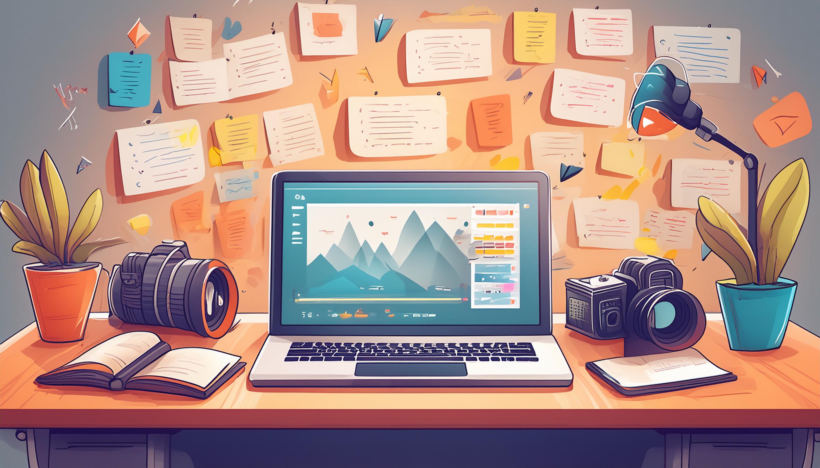 Kreativer Arbeitsplatz mit Laptop, Kamera, Notizbuch und Wand voller Ideen, die den Prozess der Erstellung viraler Inhalte darstellen