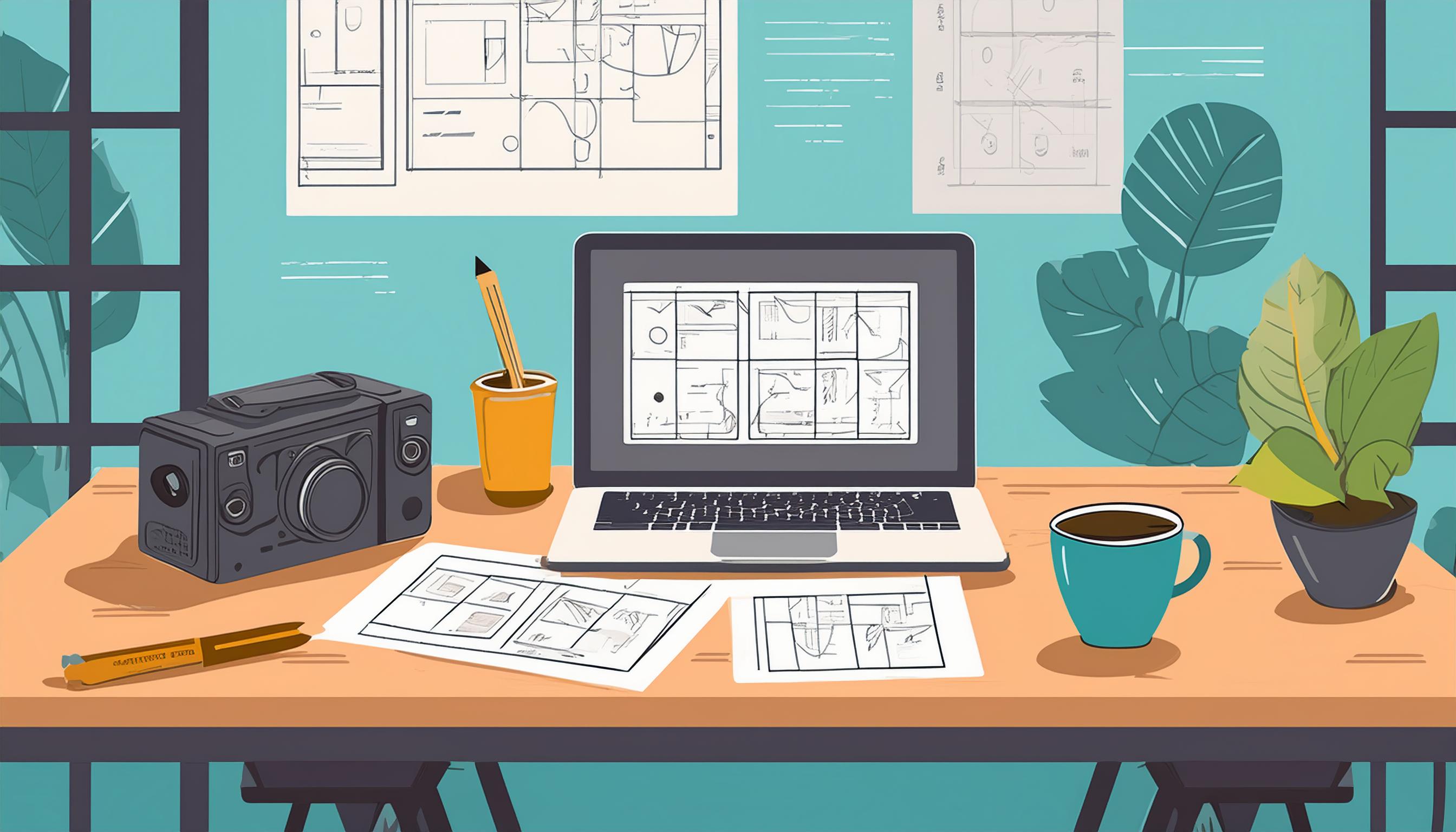 Kreativer Arbeitsplatz mit Laptop, Kamera und Skizzen, die den Entstehungsprozess von Ideen bis zur Umsetzung darstellen