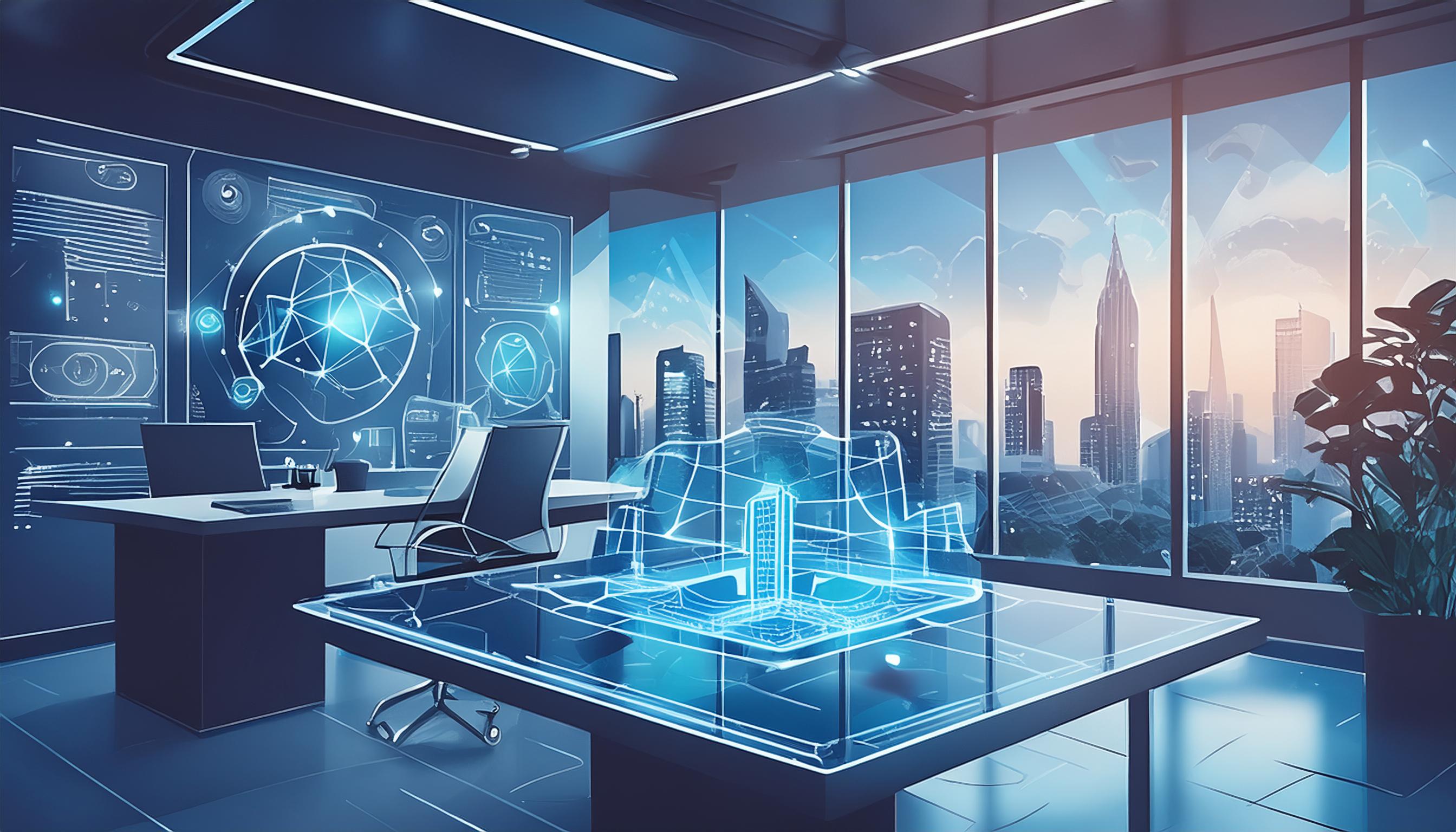 Futuristisches Büro mit holografischen Displays und einem beeindruckenden Stadtblick, das innovative Lernmethoden und Technologien symbolisiert