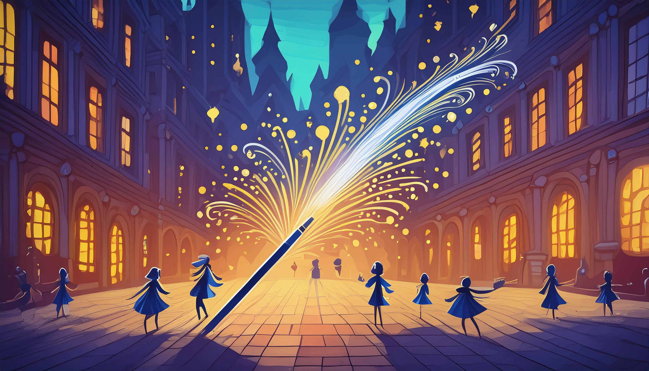 Fantasievolle Szene in einer beleuchteten Stadt mit funkelnden Lichtern, die aus einem riesigen Stift hervorgehen, umgeben von Menschen in blauen Umhängen