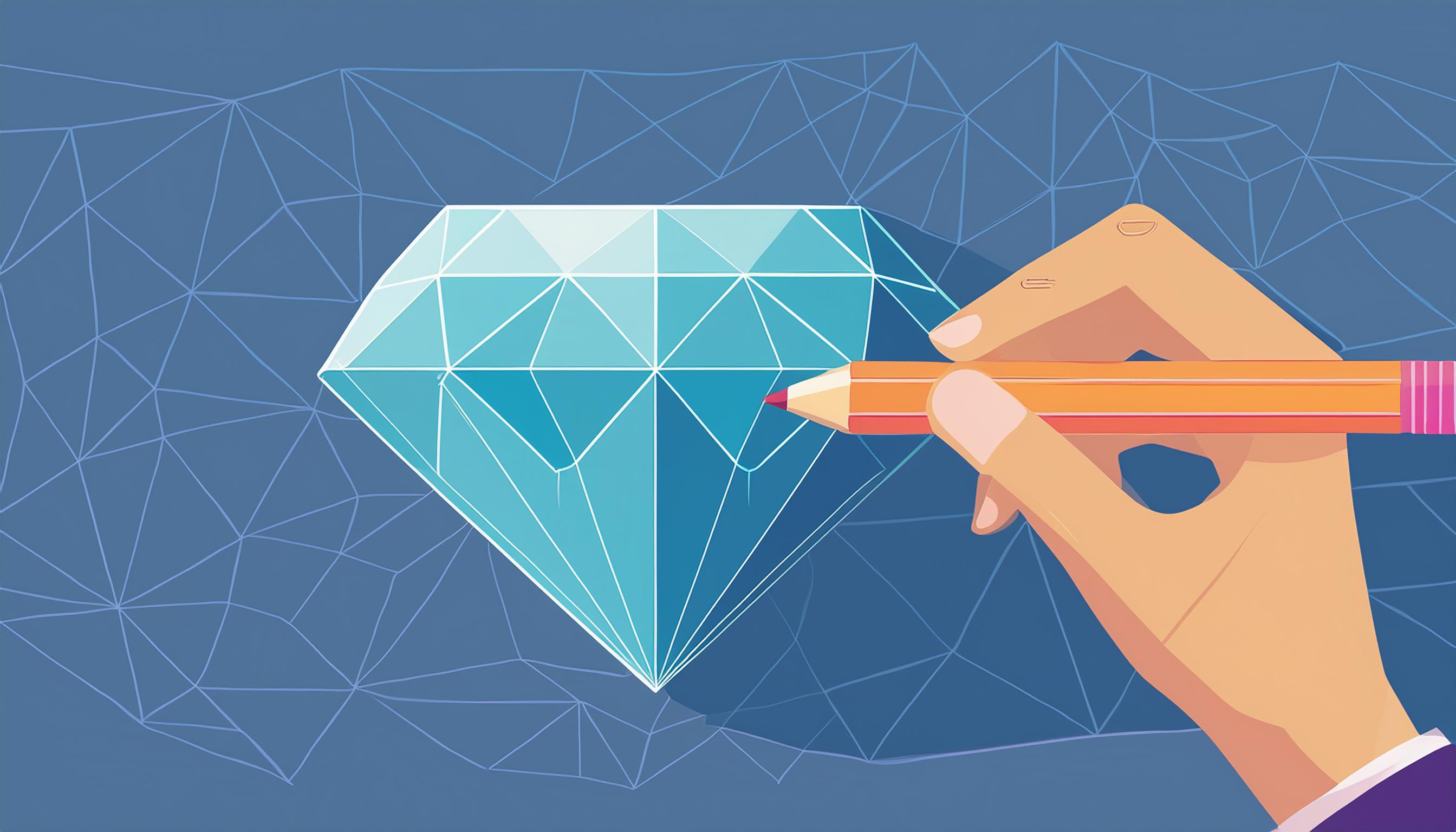 Illustration einer Hand, die mit einem Bleistift einen Diamanten zeichnet, symbolisiert den kreativen Prozess und die Verfeinerung von Ideen