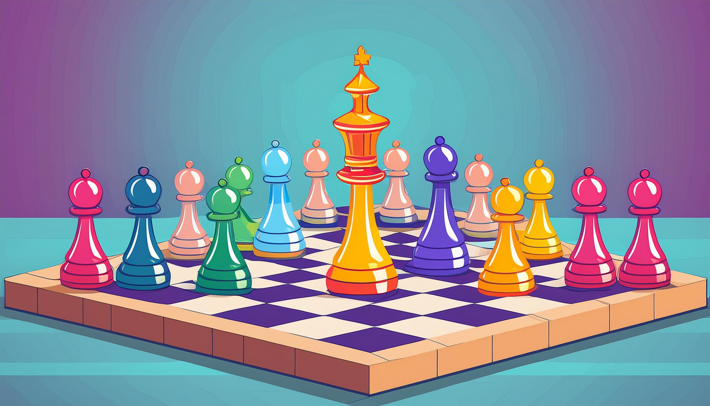 Buntes Schachspiel mit verschiedenfarbigen Figuren, das strategische Grundlagen und vielfältige Perspektiven darstellt