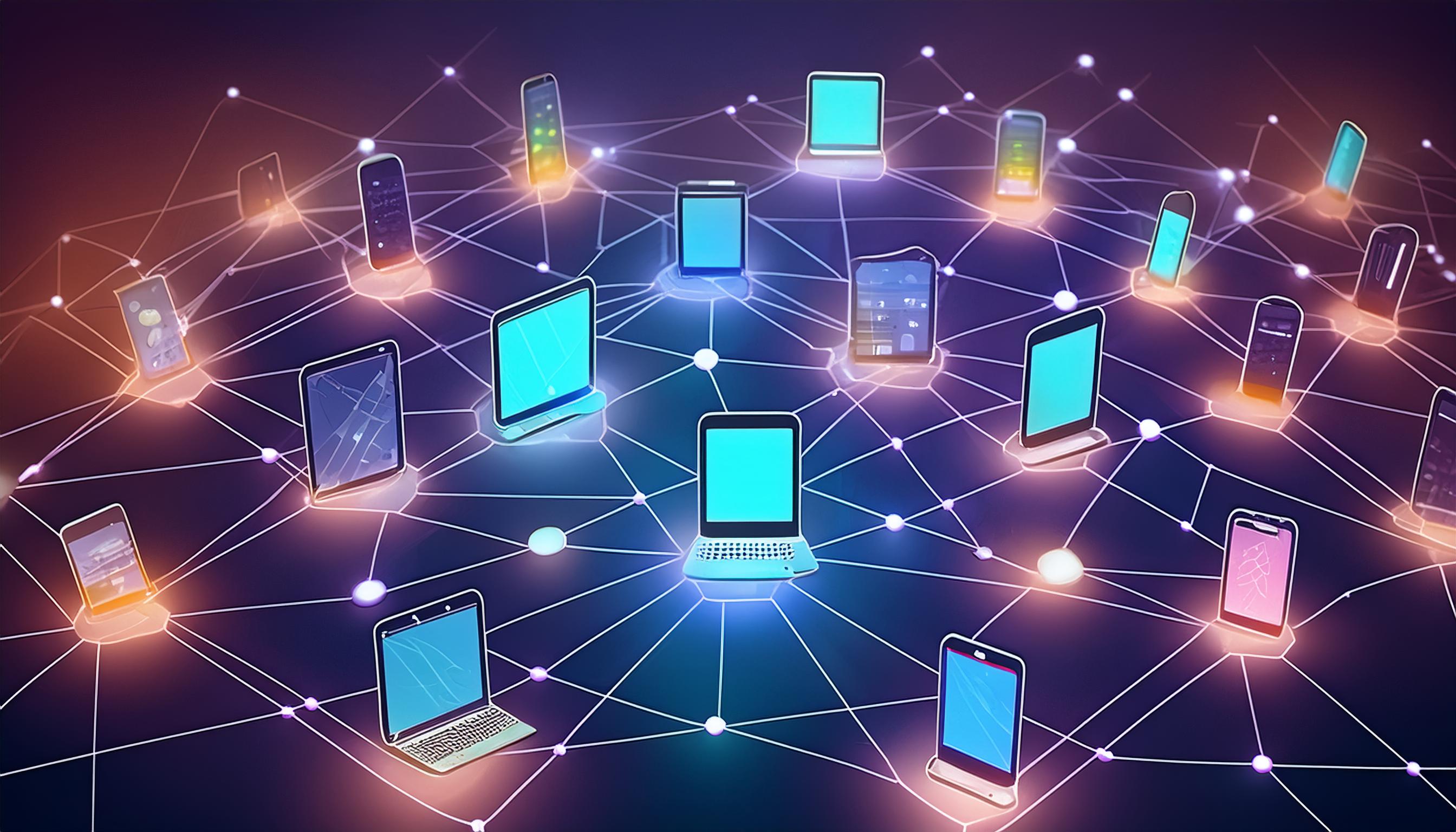 Netzwerk aus vernetzten Laptops, Tablets und Smartphones, die die verschiedenen digitalen Kanäle und ihre Konnektivität symbolisieren