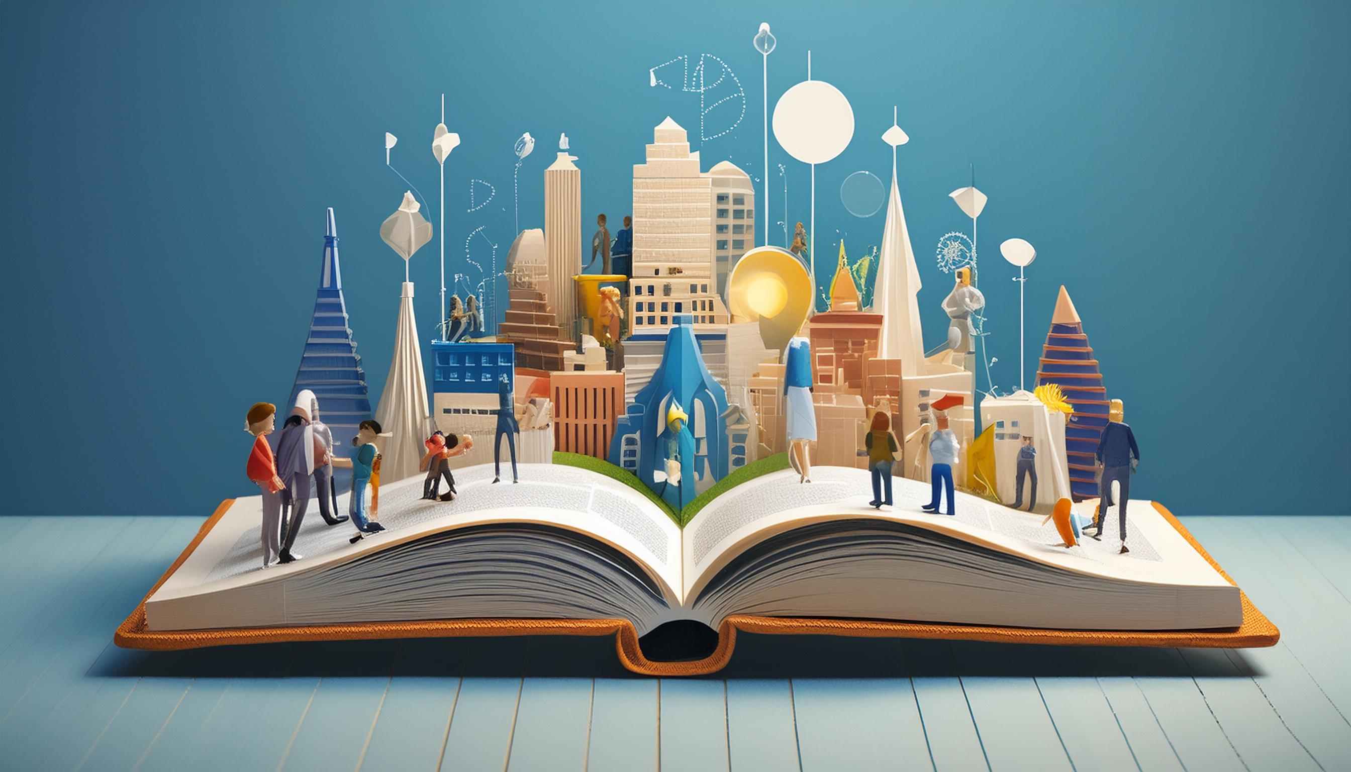 Offenes Buch, aus dem eine Miniaturstadt mit Menschen und Gebäuden herausragt, symbolisiert die Kunst des Storytellings