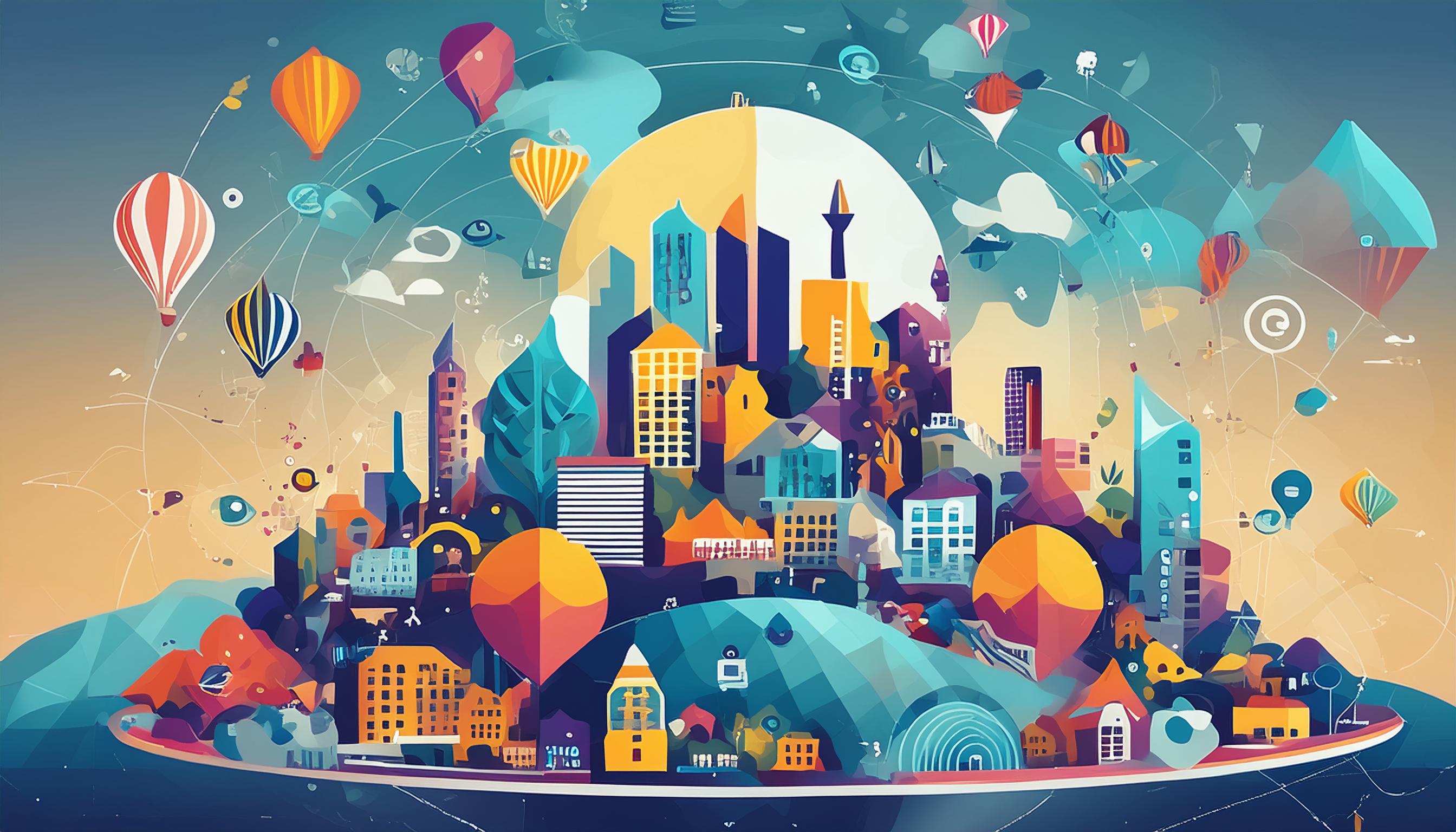 Farbenfrohe Stadt mit Heißluftballons und schwebenden Objekten, die eine lebendige und fantasievolle Umgebung darstellen