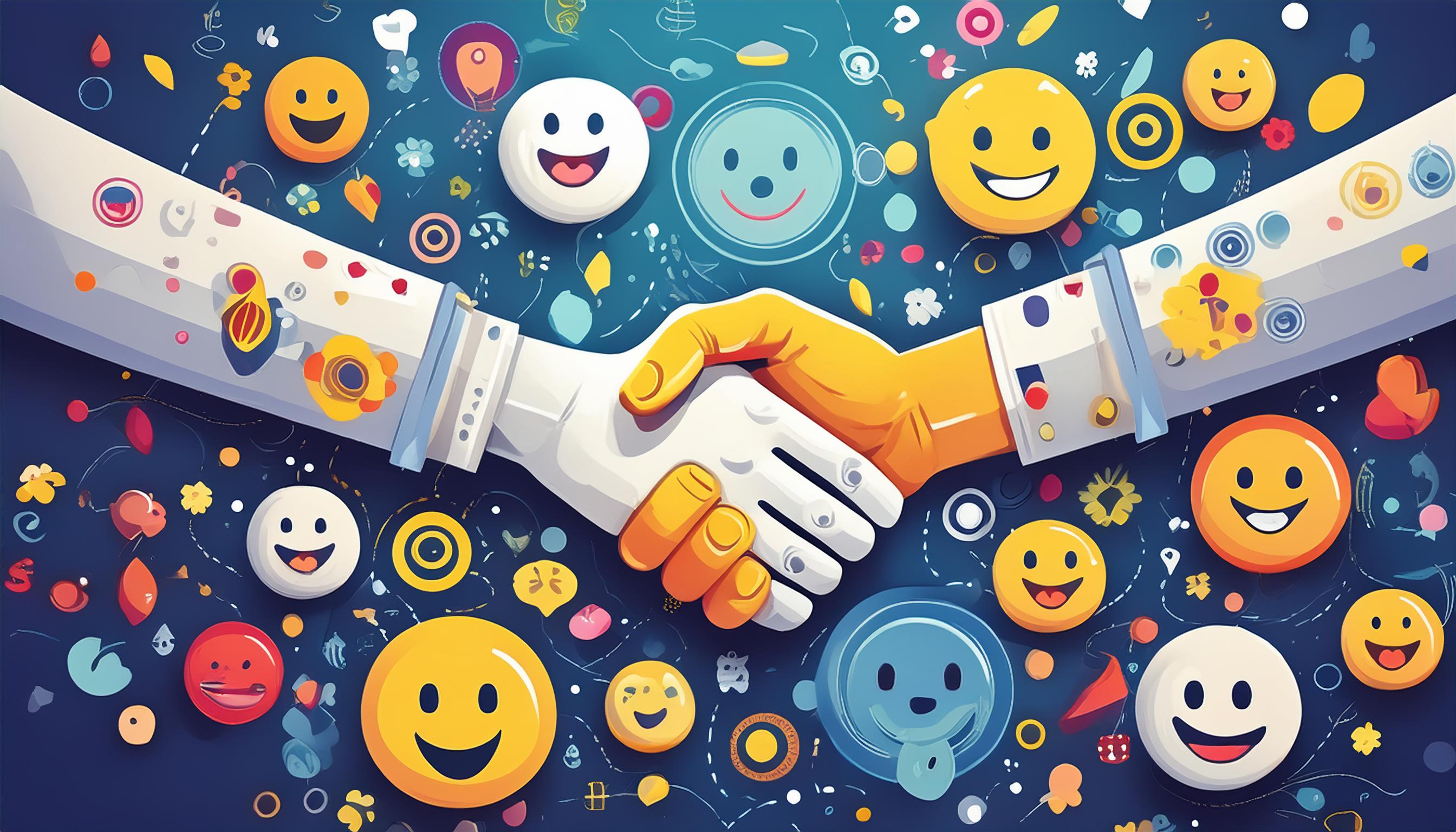 Zwei Hände, die sich schütteln, umgeben von zahlreichen lächelnden Emojis und Symbolen, die Interaktion und Emotionen darstellen