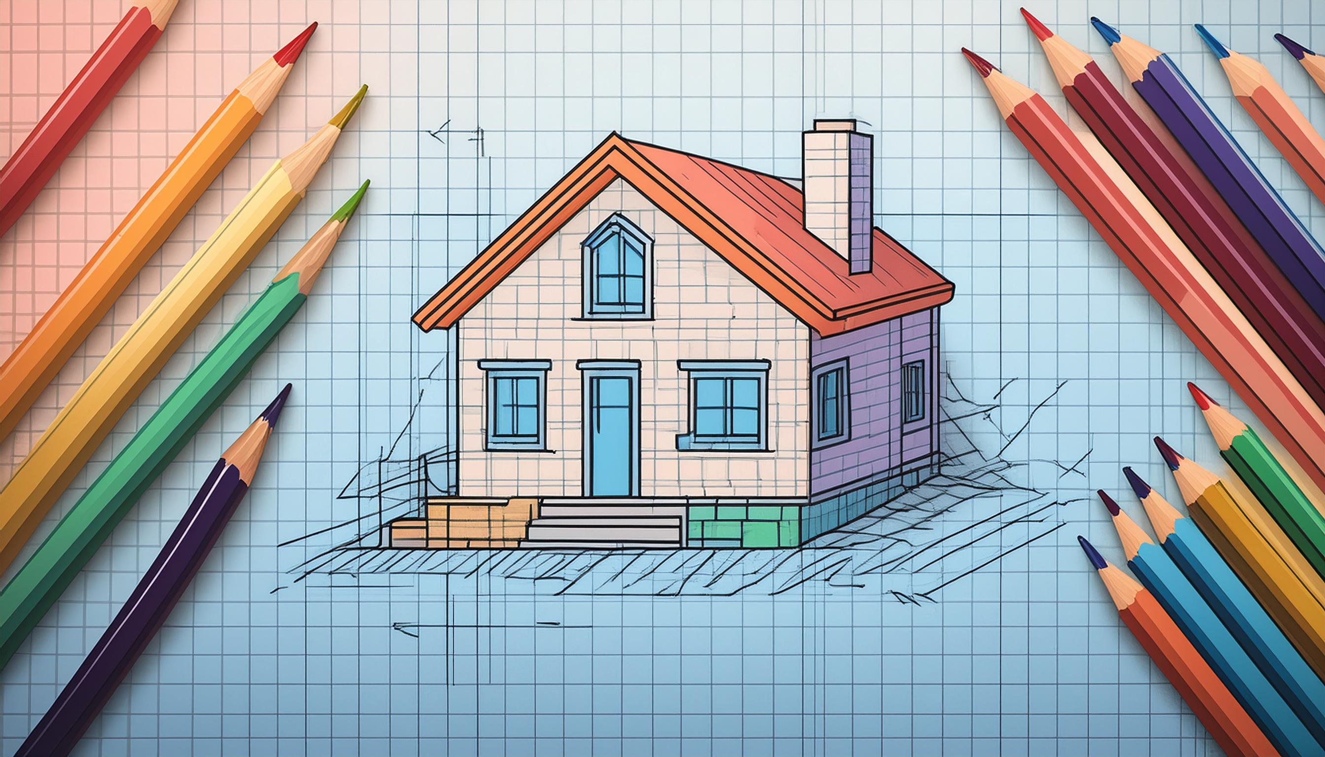 Buntes Haus, das auf Millimeterpapier gezeichnet und mit farbigen Bleistiften umgeben ist, symbolisiert den kreativen Prozess vom Entwurf zum fertigen Werk