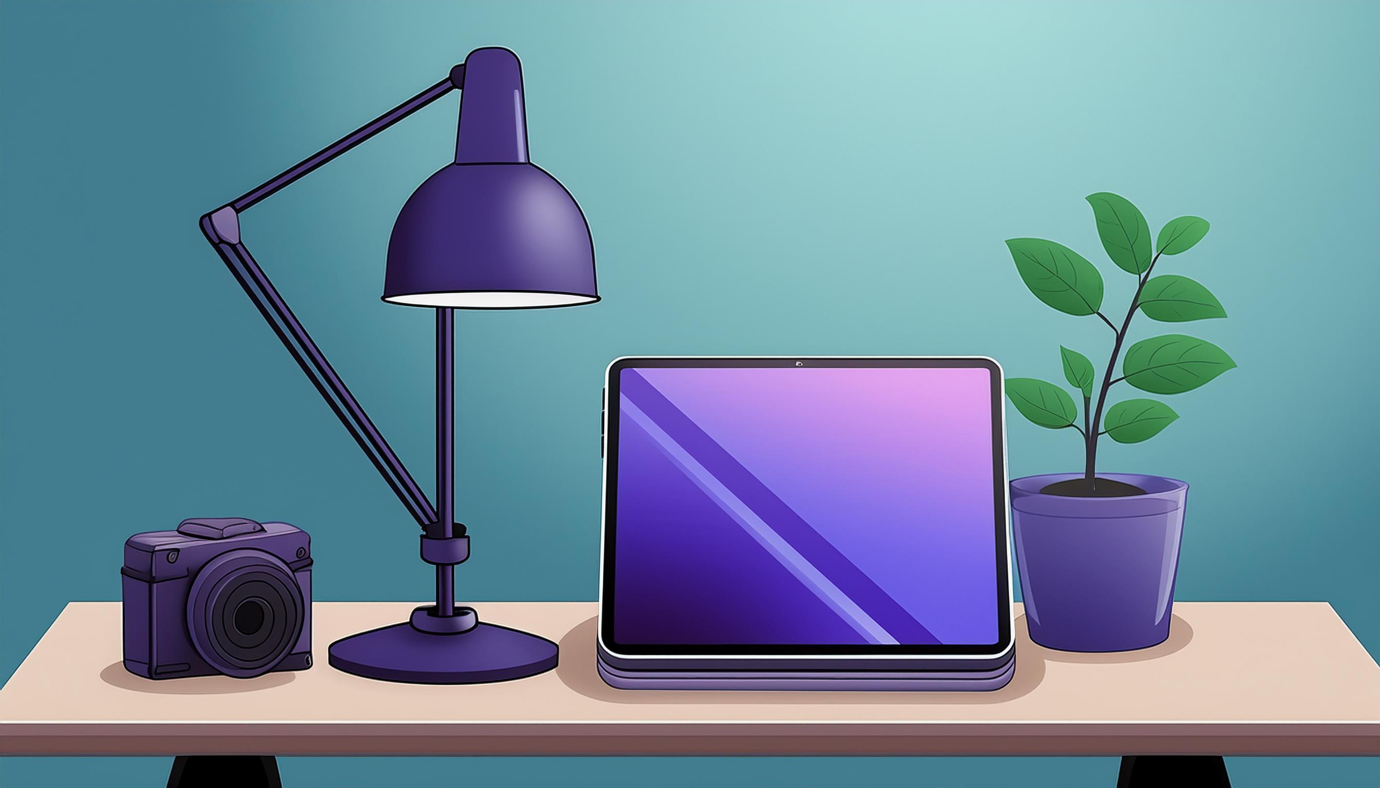 Moderner Arbeitsplatz mit Tischlampe, Tablet, Kamera und Topfpflanze, symbolisiert kreative Ausrüstung und Arbeitsumgebung