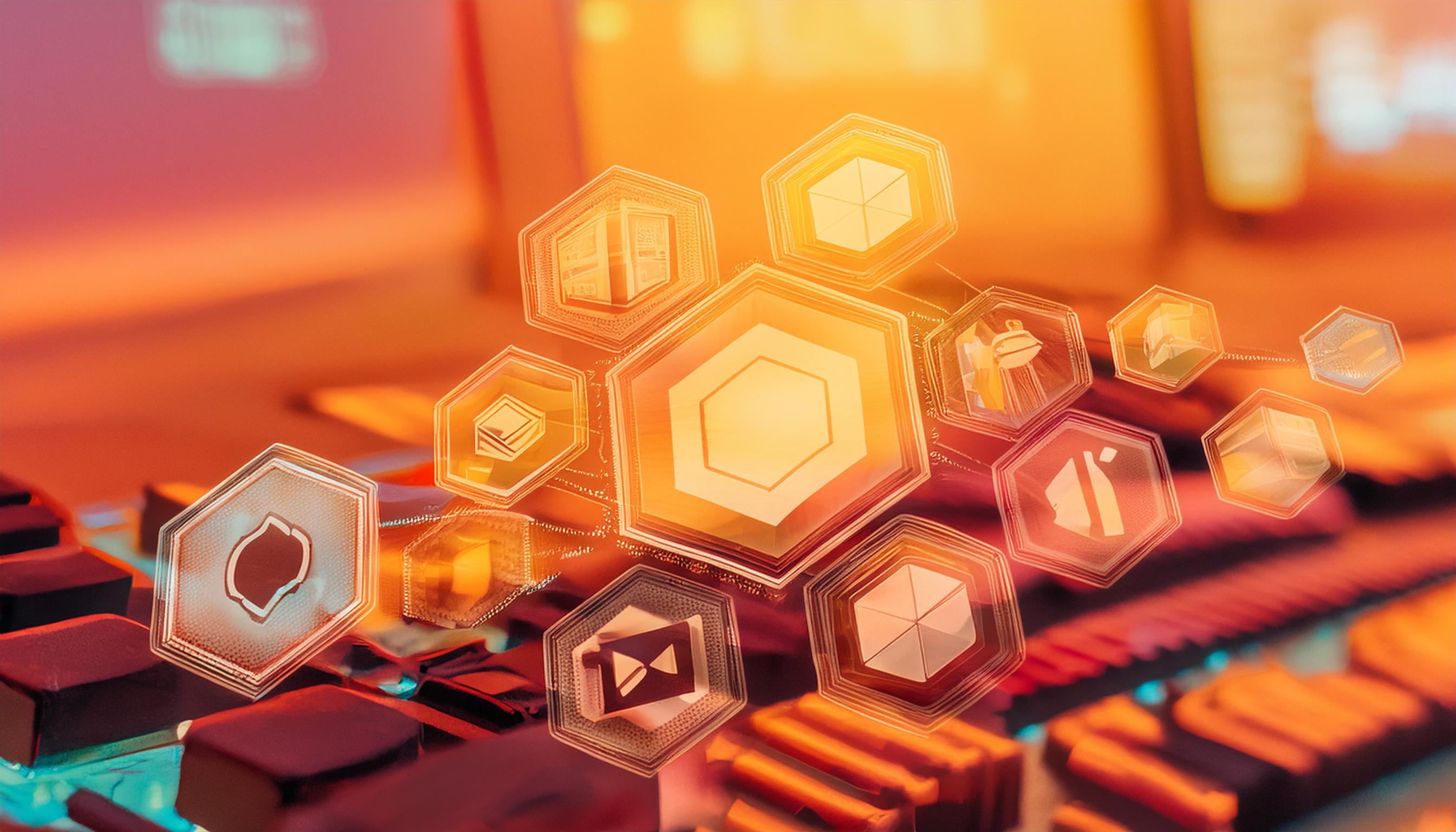 Abstrakte Darstellung von technologischen Symbolen und Netzwerken, die die Prozesse und Komplexität der Post-Produktion symbolisieren